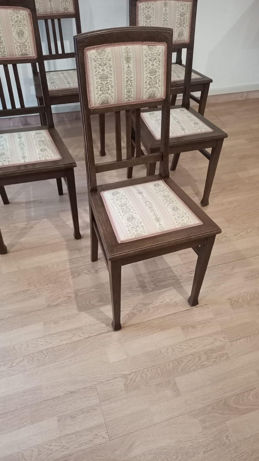 Vintage Oak Chairs, Set of 6 20th Century Classical Revivals Original Silk For Sale 1