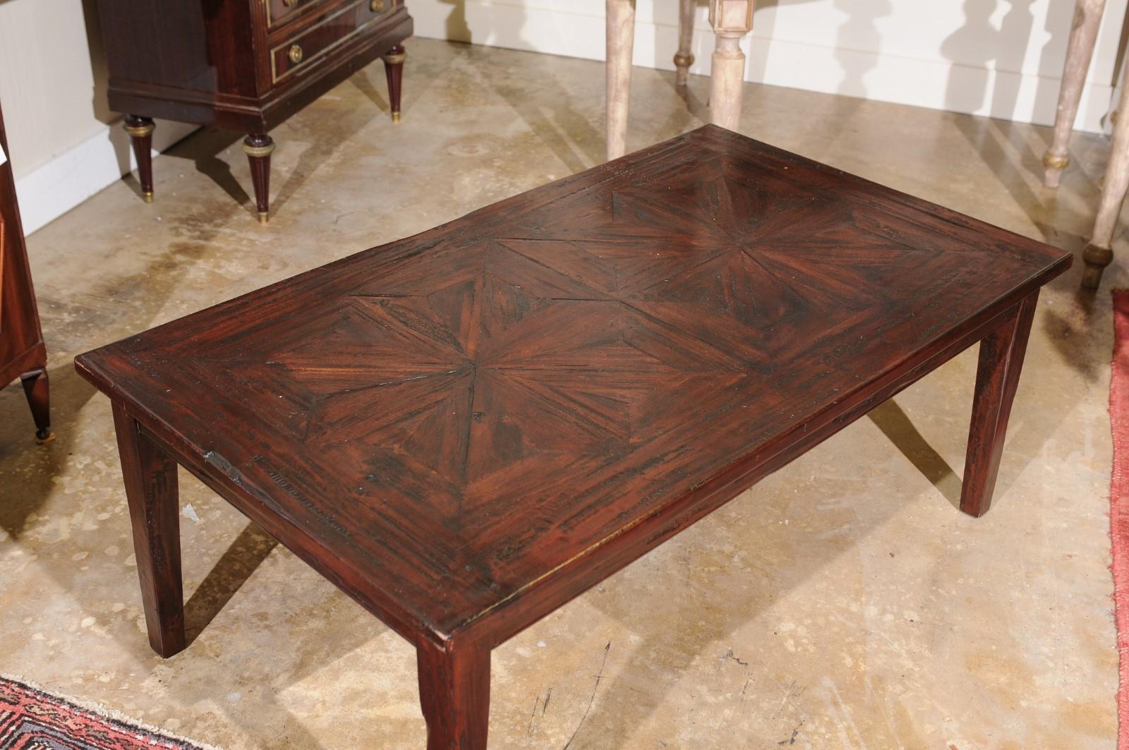 Rustic Vintage Oak Coffee Table with Parquet Design Top For Sale