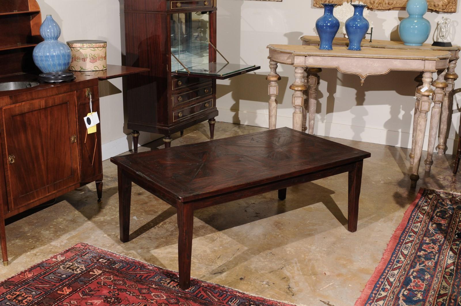 Vintage Oak Coffee Table with Parquet Design Top In Good Condition For Sale In Chamblee, GA