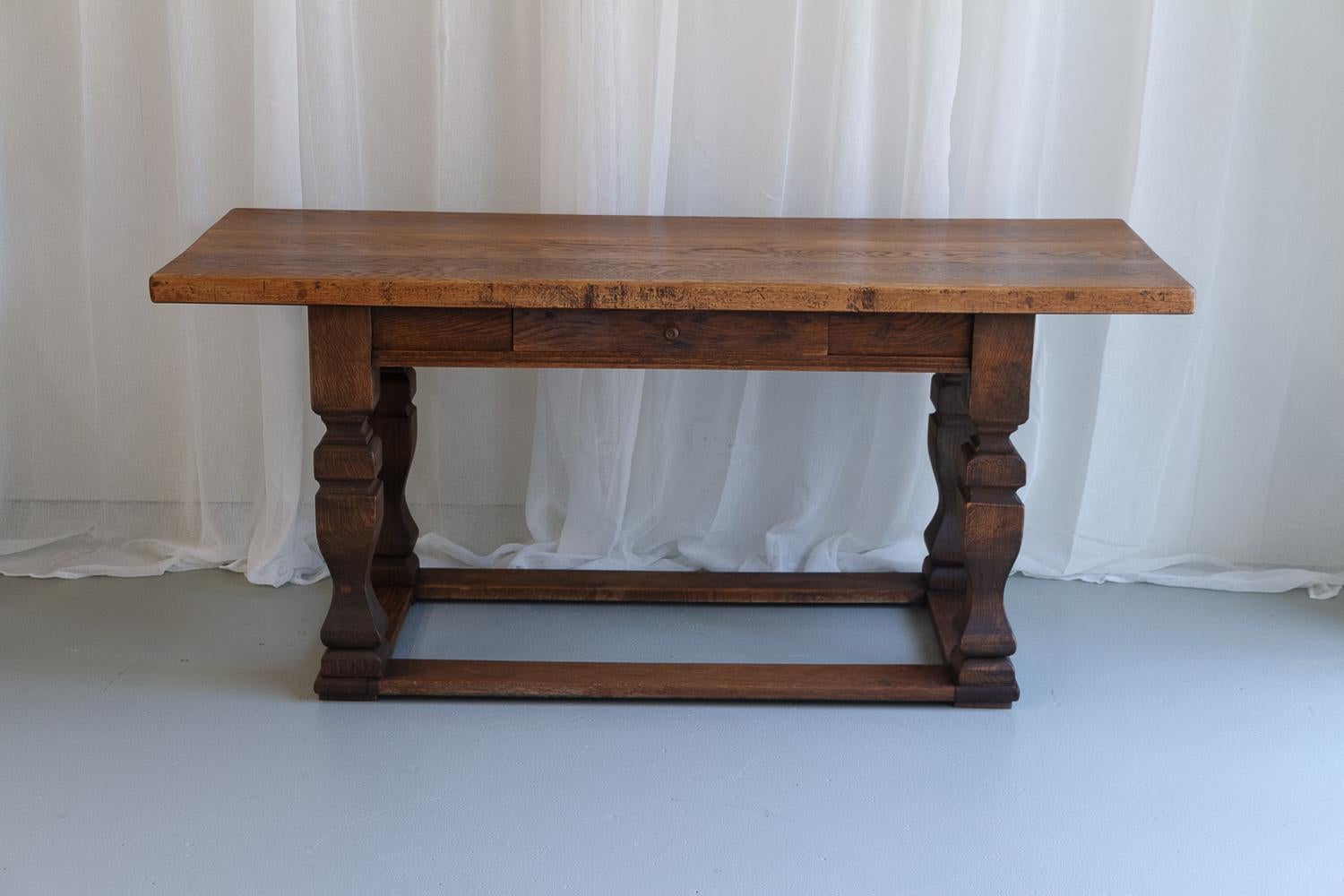 Vintage Oak Console Table.
Large console or kitchen table in solid stained oak with drawer. 
Wood has beautiful color and uniform patina.
