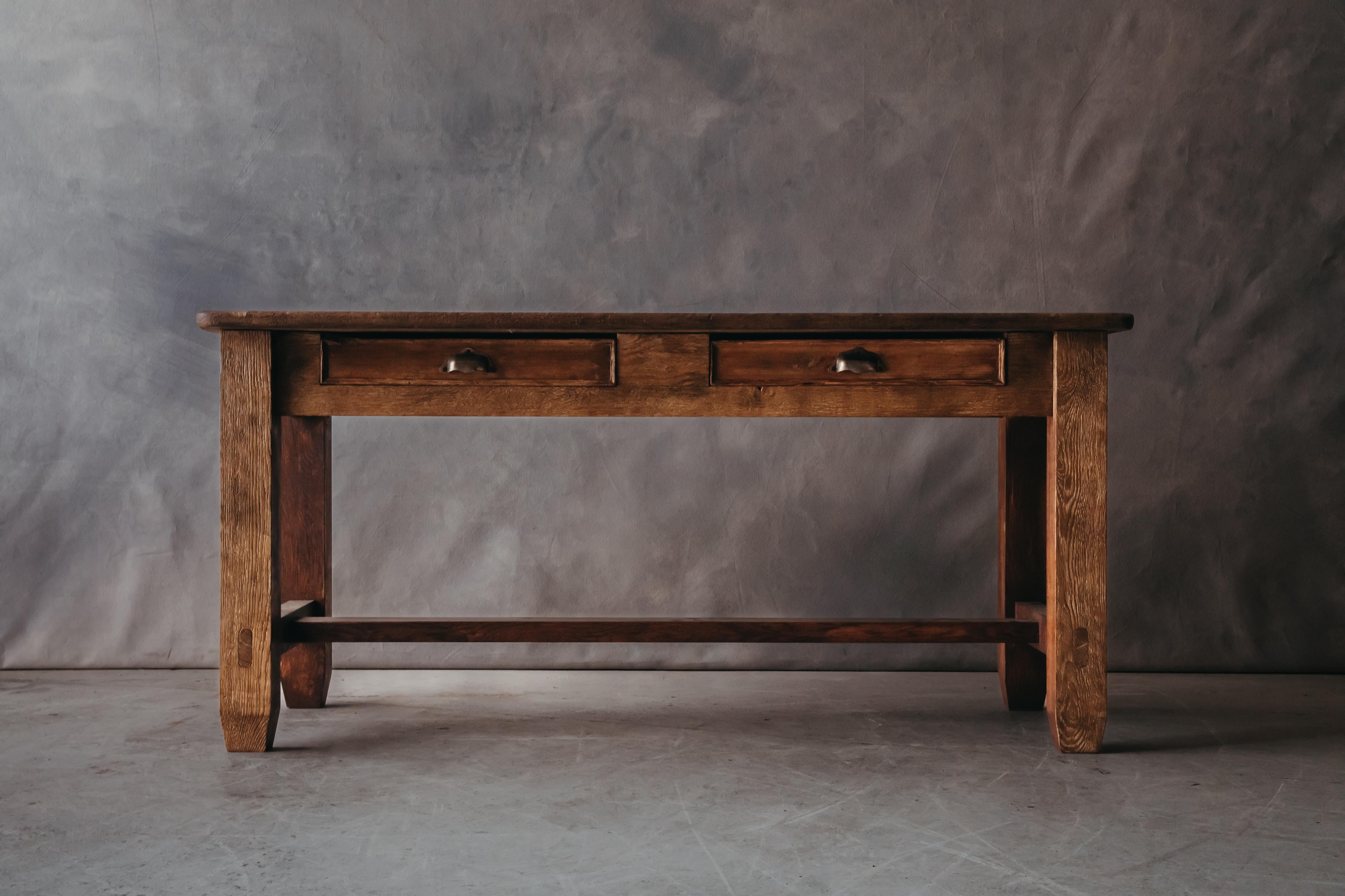 Vintage Oak Console Table From France, Circa 1940. Solid oak construction with superb patina and use. Original hardware.
