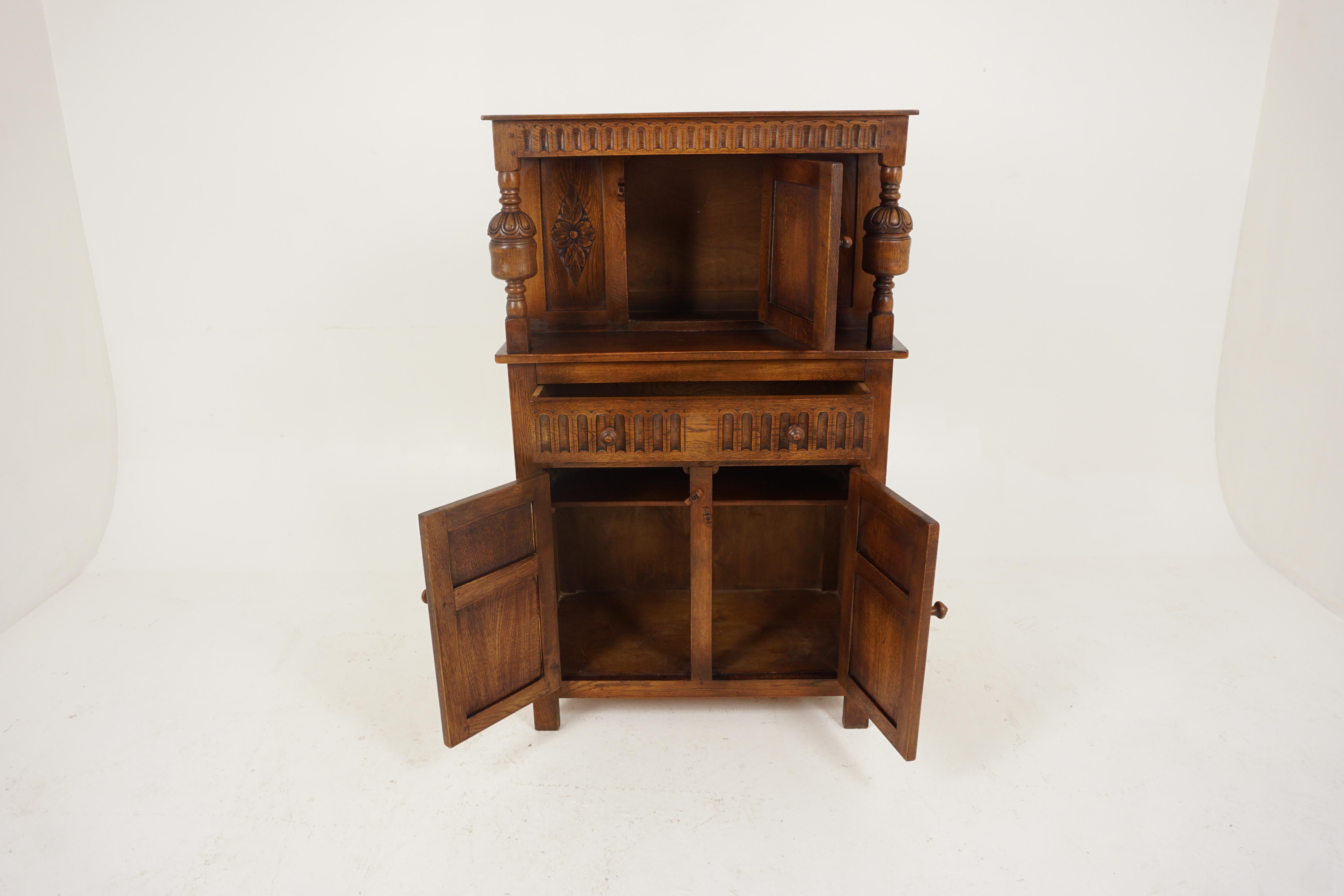 Scottish Vintage Oak Court Cupboard, Sideboard, Buffet + Hutch, Scotland 1930, B2670