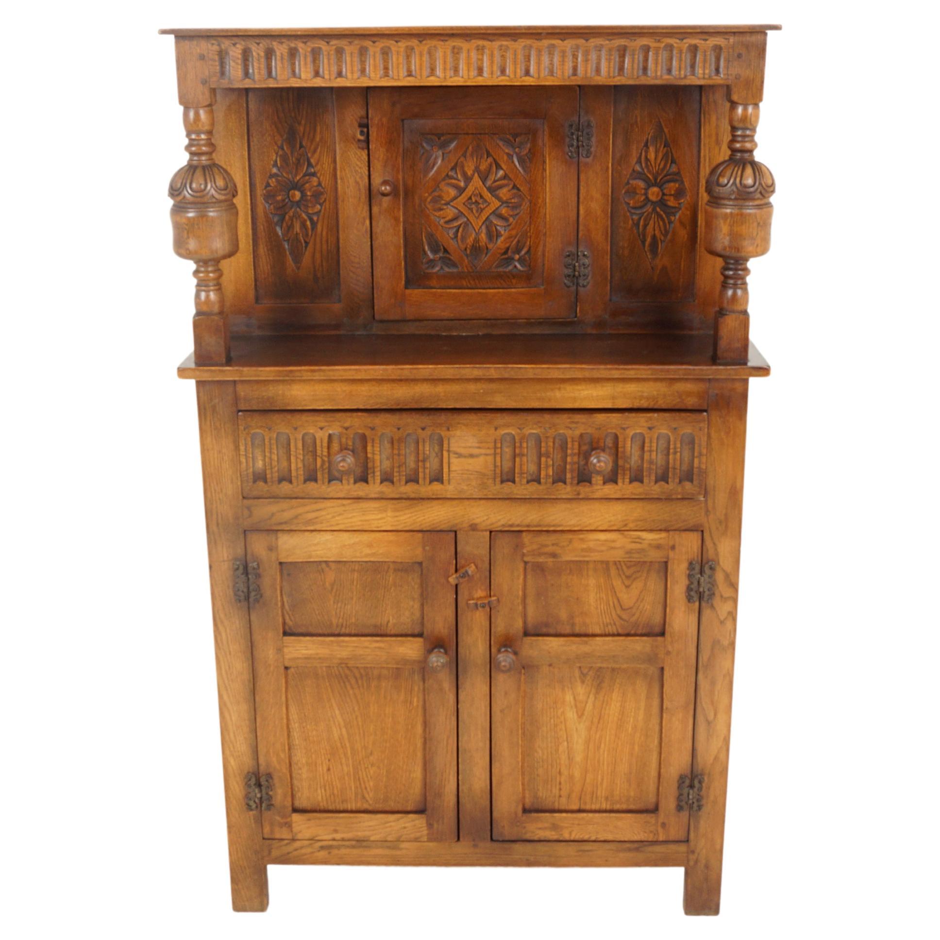 Vintage Oak Court Cupboard, Sideboard, Buffet + Hutch, Scotland 1930, B2670