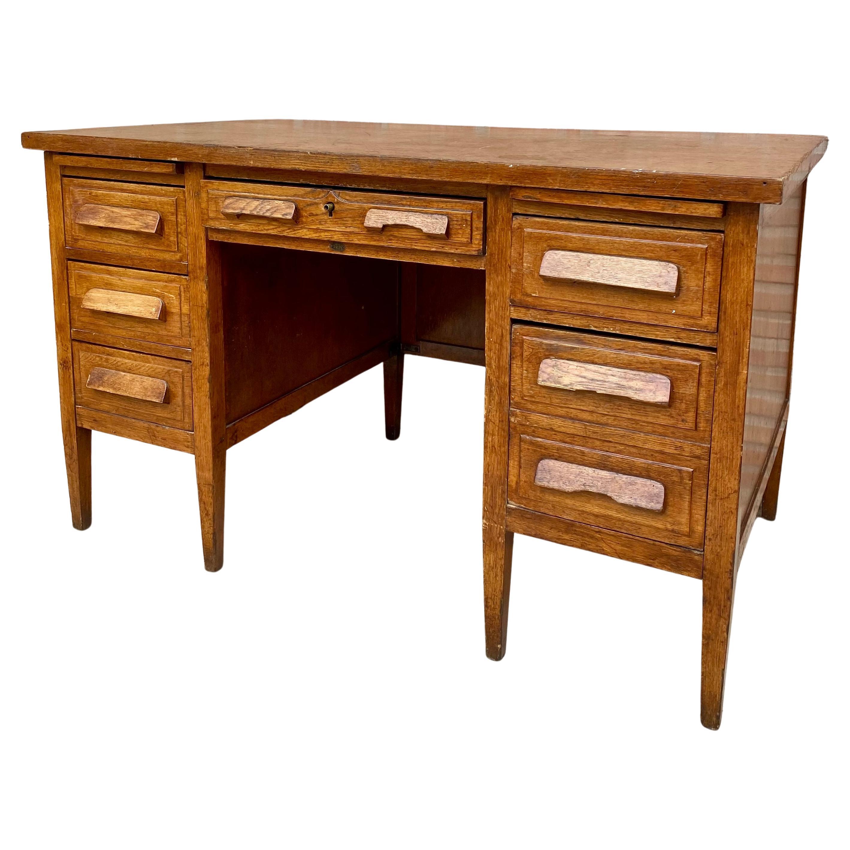 Vintage Oak Desk with Seven Drawers, 1940s For Sale