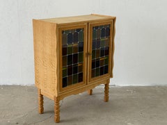 Vintage Oak Display Cabinet with Stained Glass Doors by Henning Kjærnulf, 1960s