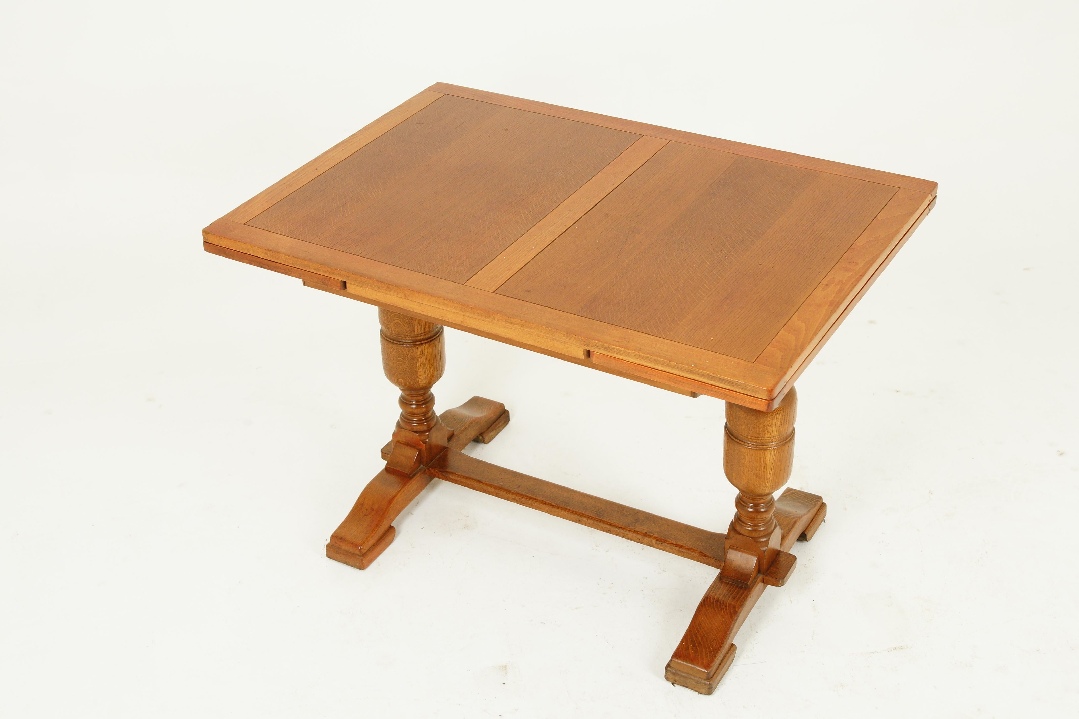 Hand-Crafted Vintage Oak Draw Leaf, Dining, Refectory Table, Scotland 1930