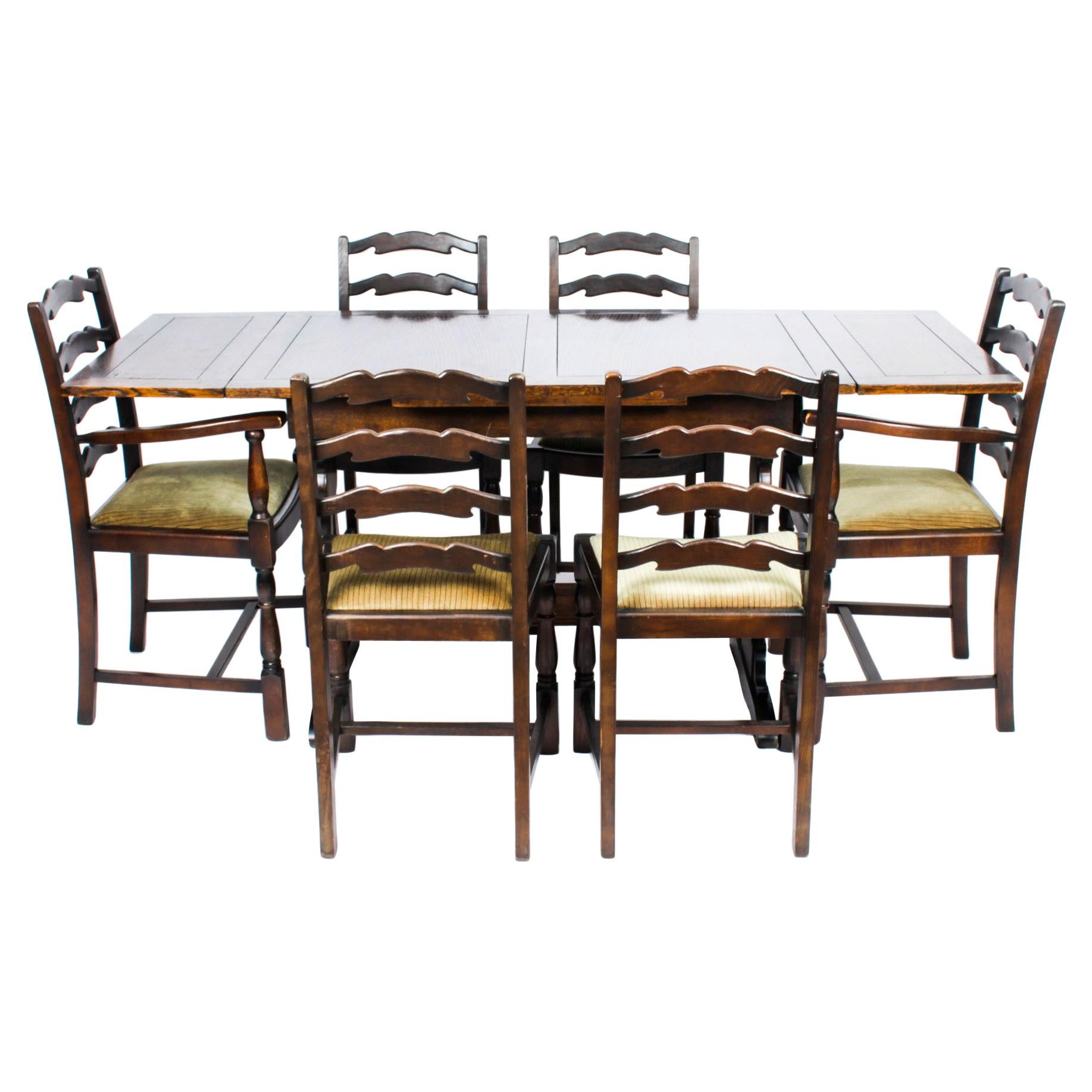 Vintage Oak Draw Leaf Refectory Dining Table & 6 Chairs Mid 20th C