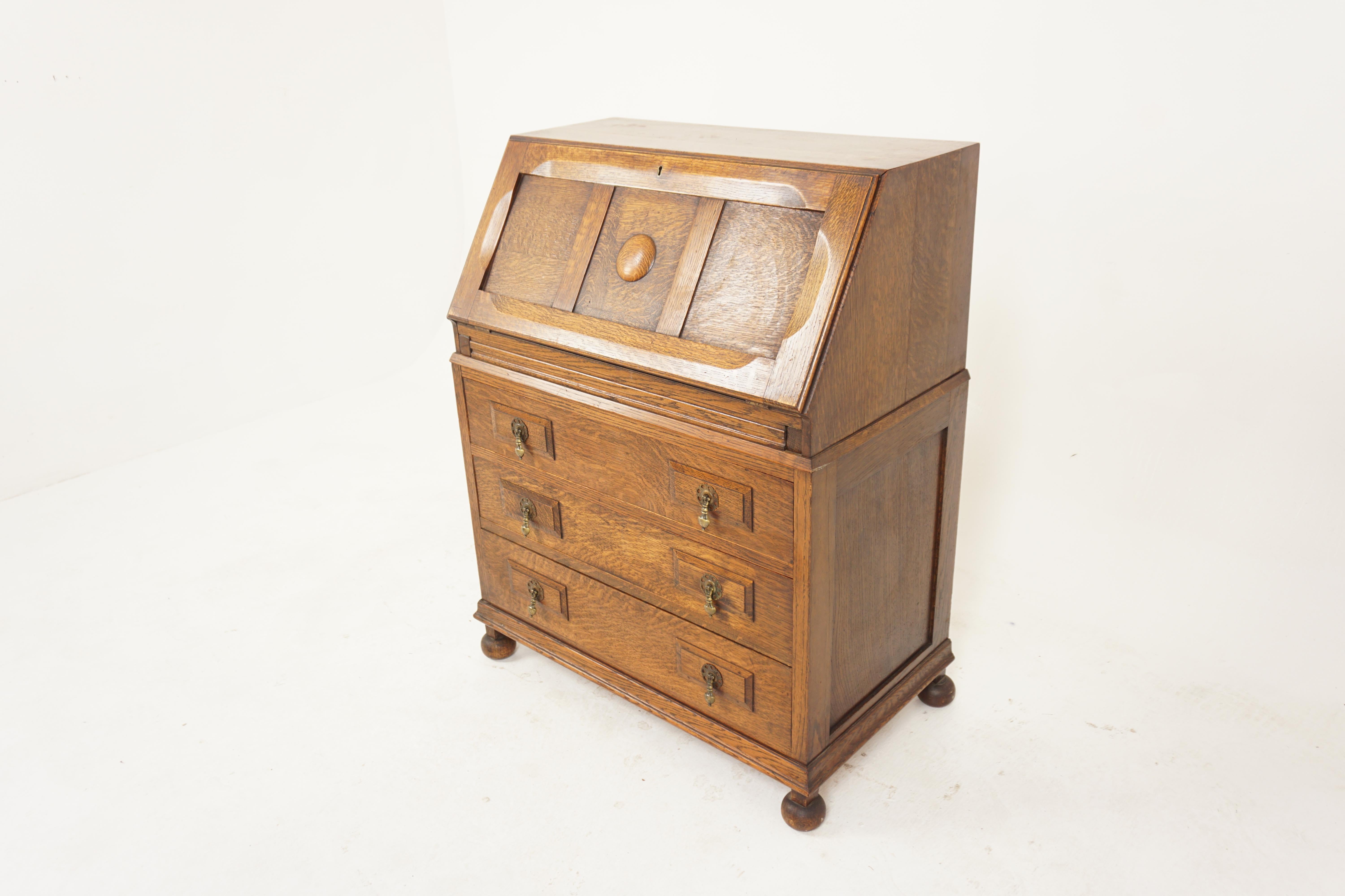 Vintage Oak Drop Front Desk, Slant Front desk Writing Bureau, Scotland 1920, H758

Scotland 1920
Solid Oak
Original finish
Rectangular top
With panelled drop front opens to reveal fitted interior with pigeon holes and single pull out drawers