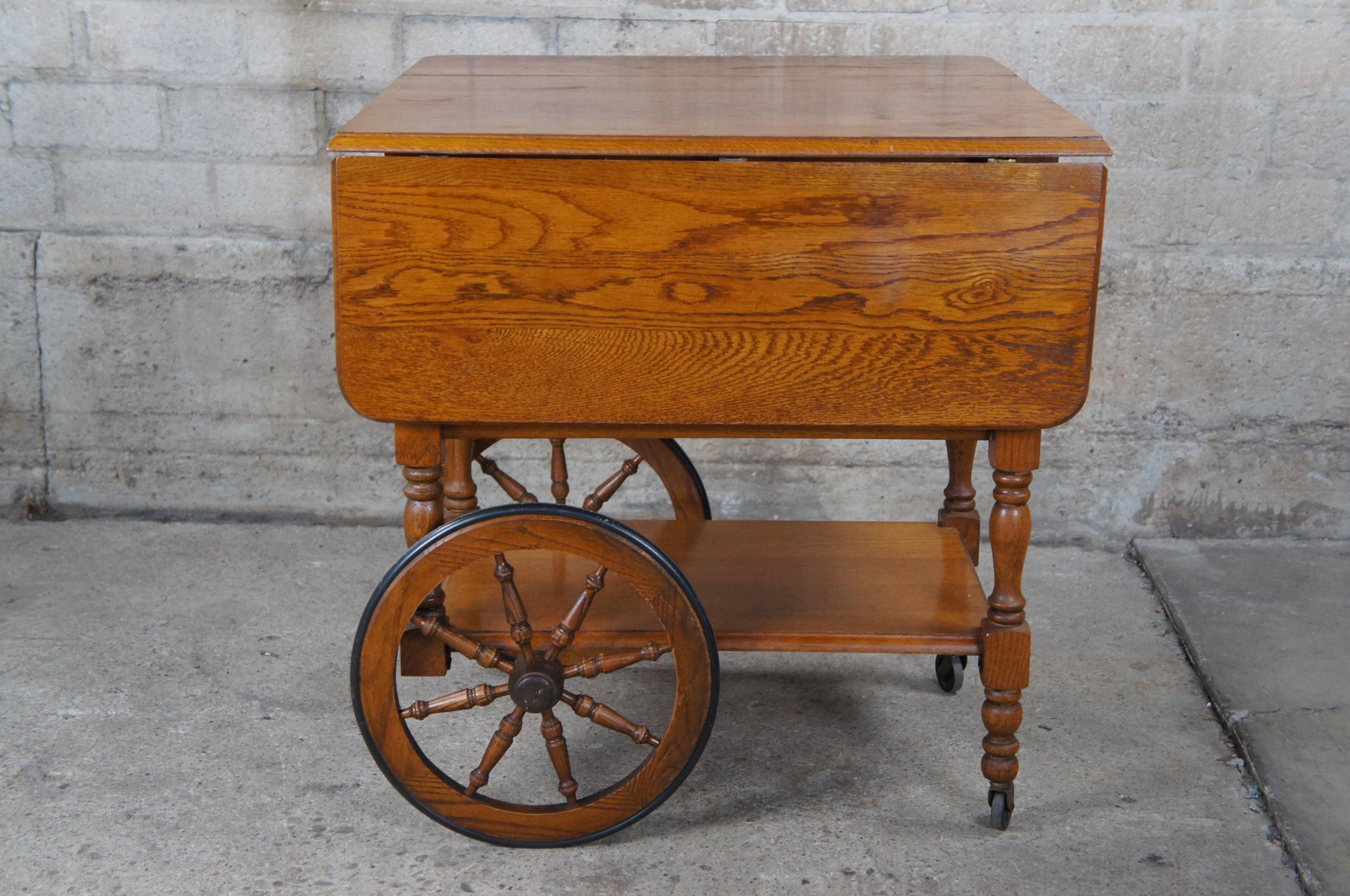 French Provincial Vintage Oak Drop Leaf Butlers Bar Tea Cart or Beverage Trolley with Serving Tray