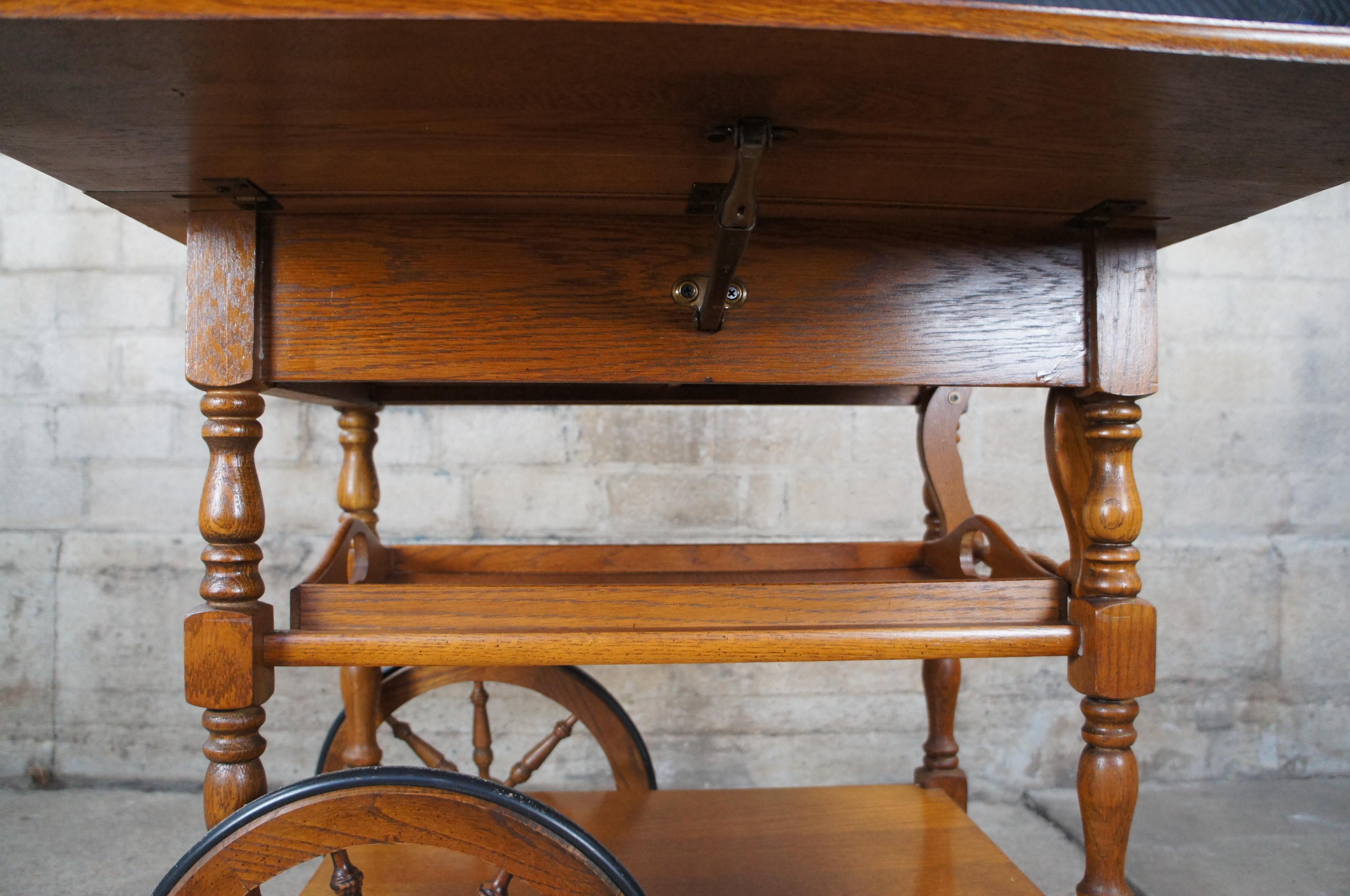 20th Century Vintage Oak Drop Leaf Butlers Bar Tea Cart or Beverage Trolley with Serving Tray