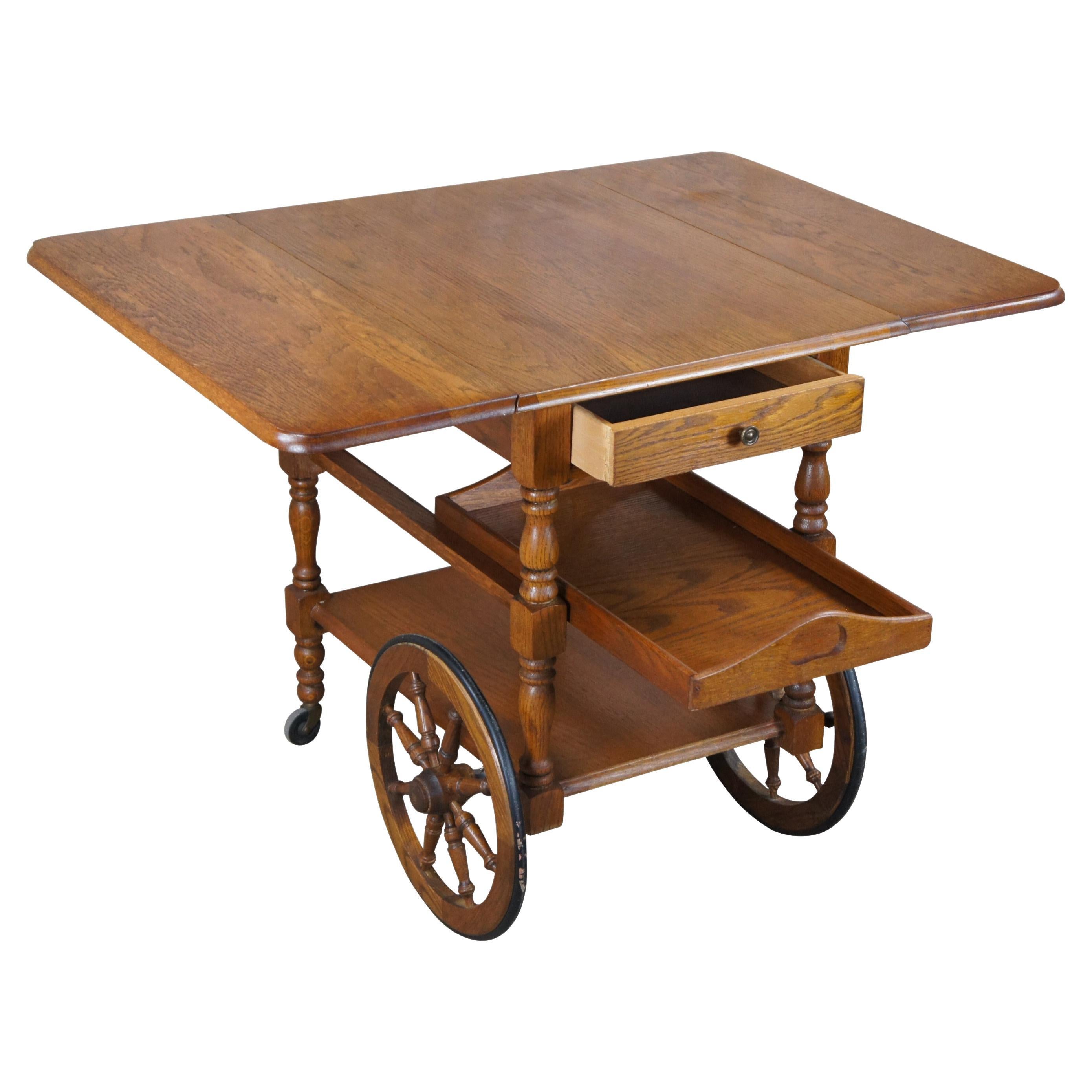 Vintage Oak Drop Leaf Butlers Bar Tea Cart or Beverage Trolley with Serving Tray