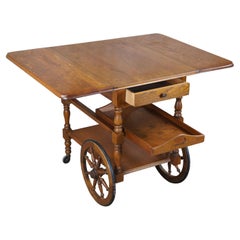 Retro Oak Drop Leaf Butlers Bar Tea Cart or Beverage Trolley with Serving Tray