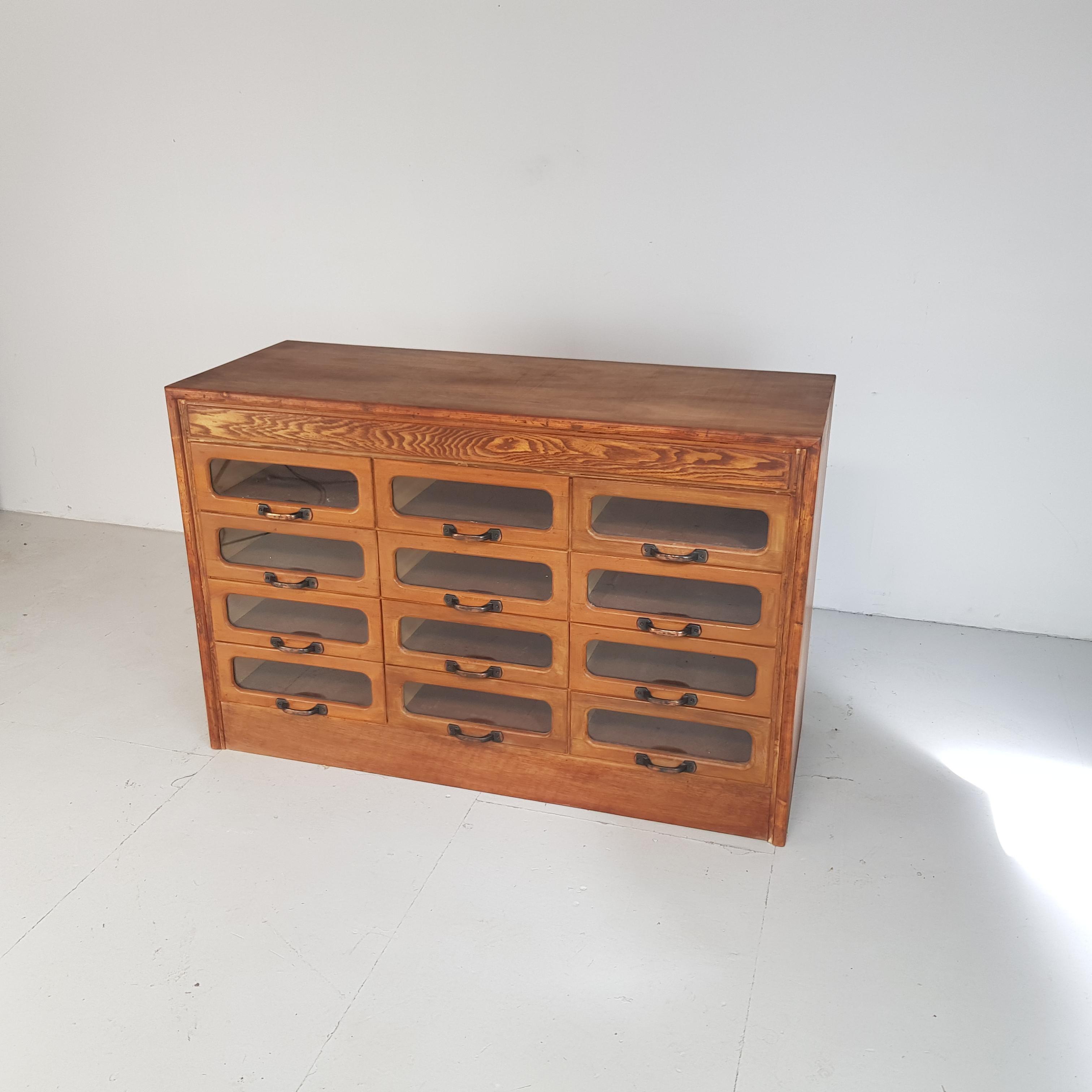 English Vintage Oak Early 20th Century 12-Drawer Haberdashery Cabinet, 1930s
