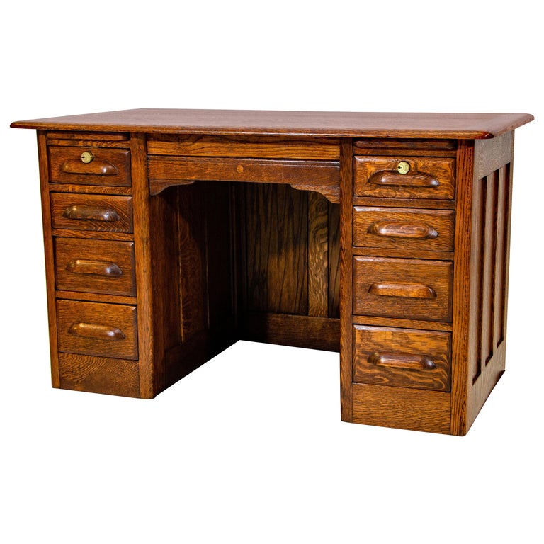 Vintage Oak Flat Top Pedestal Desk at 1stDibs