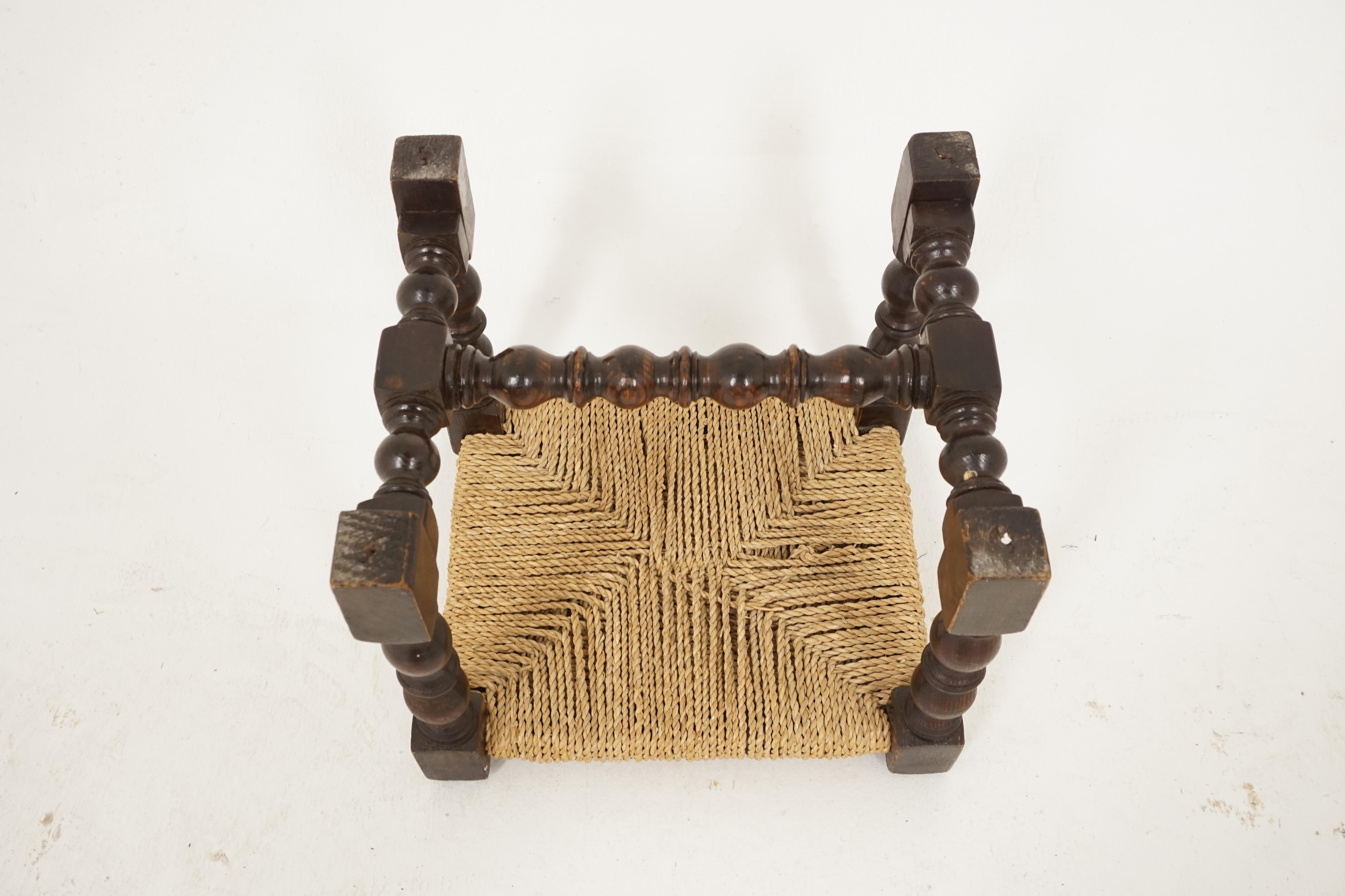 Hand-Crafted Vintage Oak Foot Stool, Rush Seat, Bench Bottom Legs, Scotland 1930, B2406
