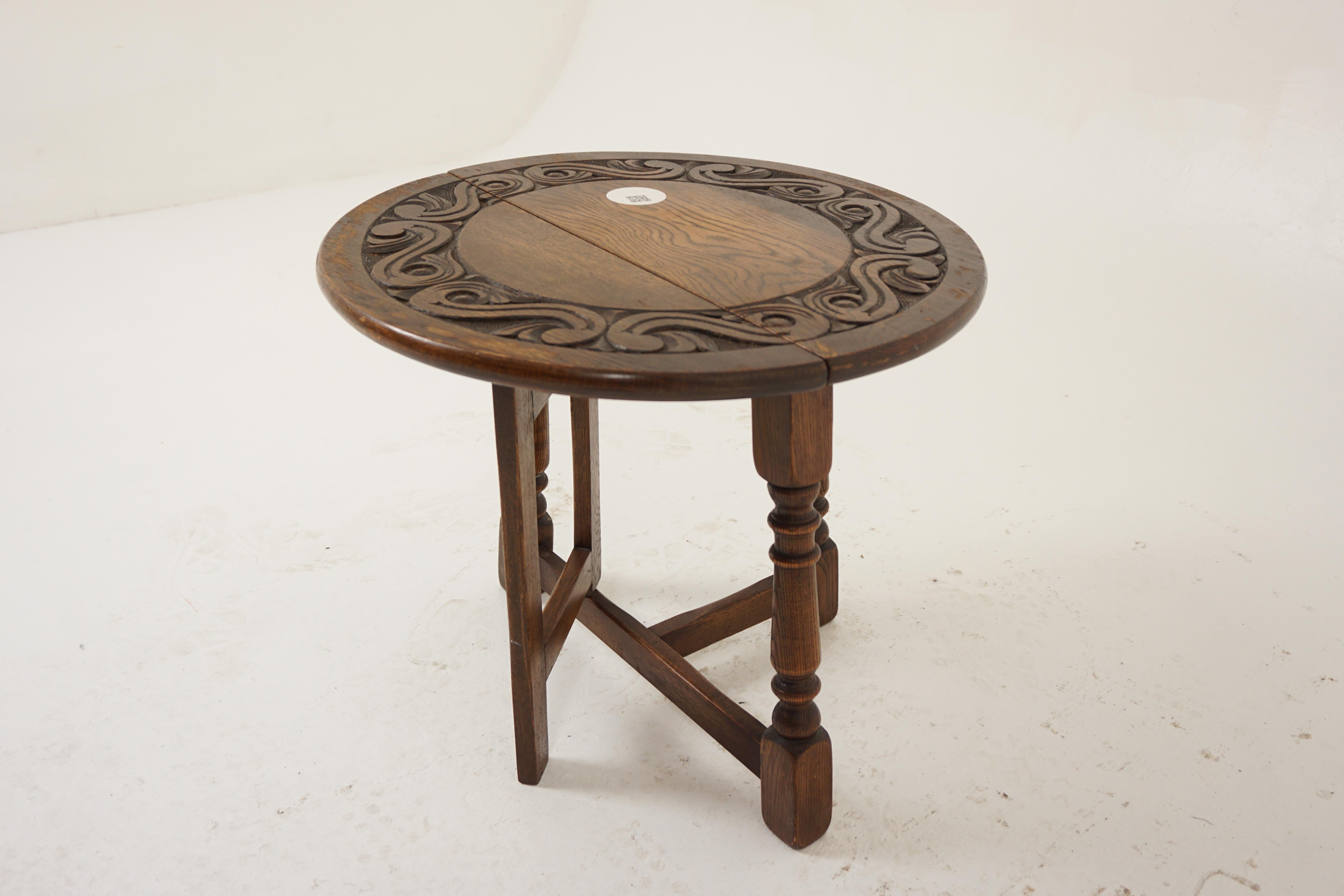 Antiker Gateleg-Tisch aus Eiche mit geschnitzten Blättern, Schottland 1930, H1097 (Handgefertigt) im Angebot