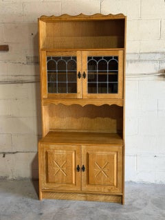 Vintage Oak High Cabinet with Glass Door Hutch Display Storage Unit 1970s