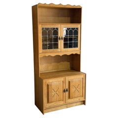 Vintage Oak High Cabinet with Glass Door Hutch Display Storage Unit 1970s