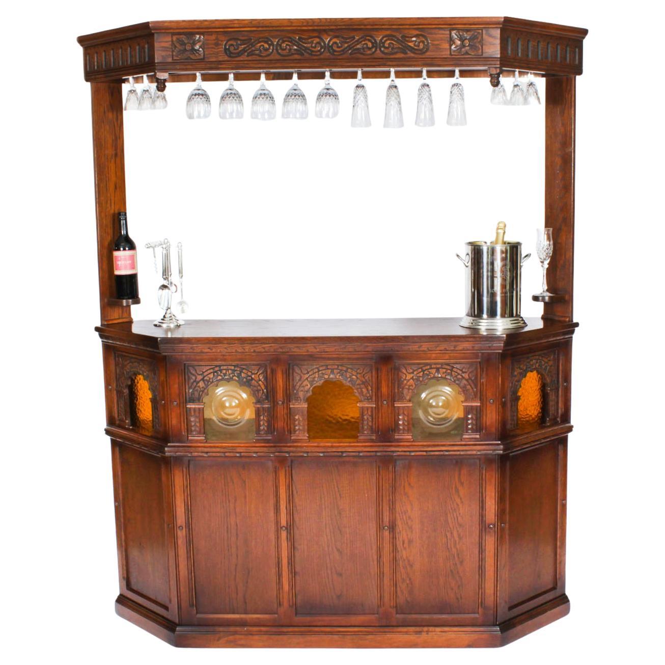Vintage Oak Jacobean Revival Cocktail Drinks Bar With Accessories 20th Century