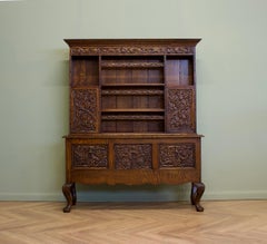Vintage Oak Jacobean Style Carved Cabinet Dresser, 1980s