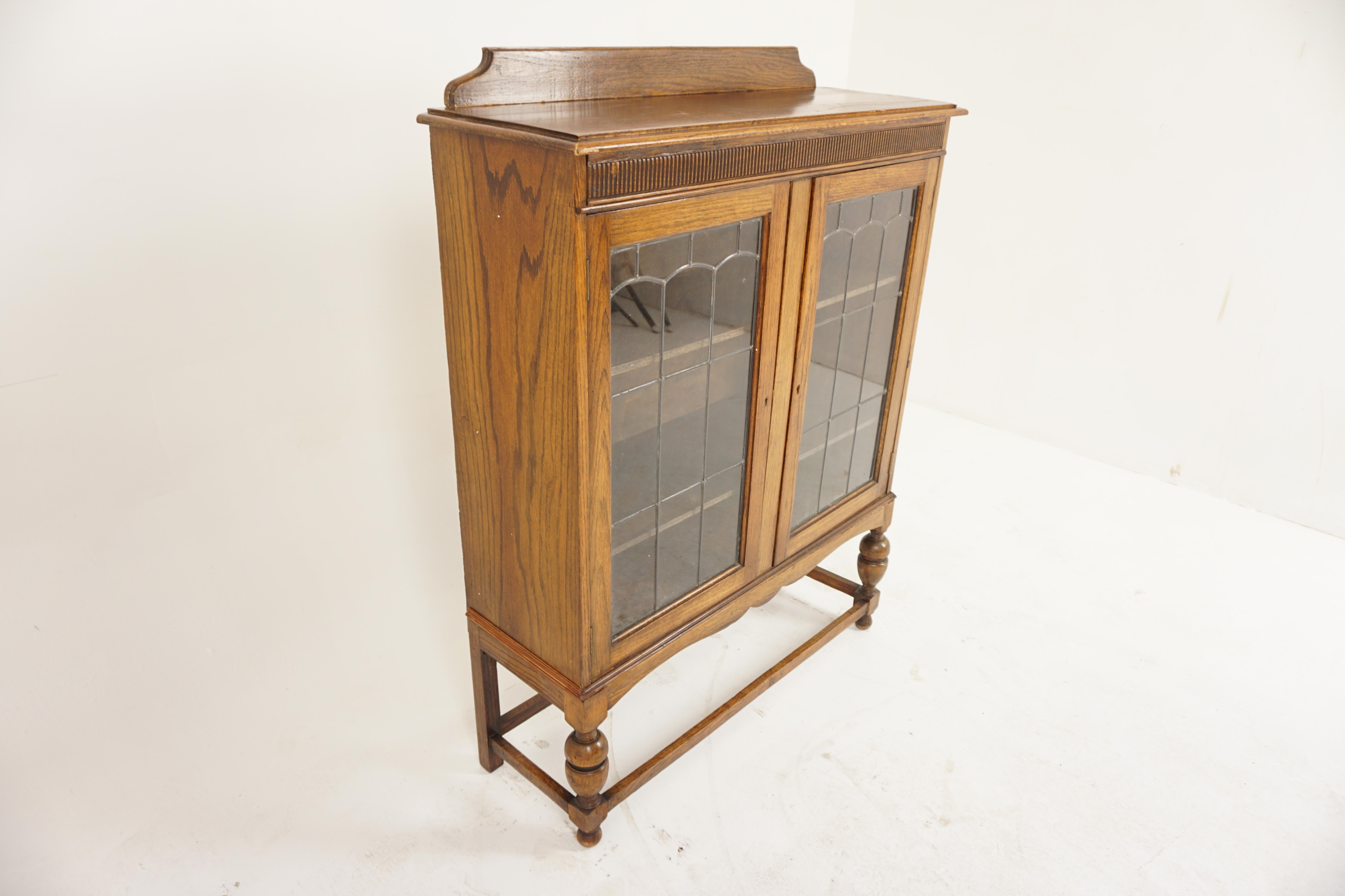 Scottish Vintage Oak Leaded Glass Bookcase, Display Cabinet, Scotland 1920, H1018