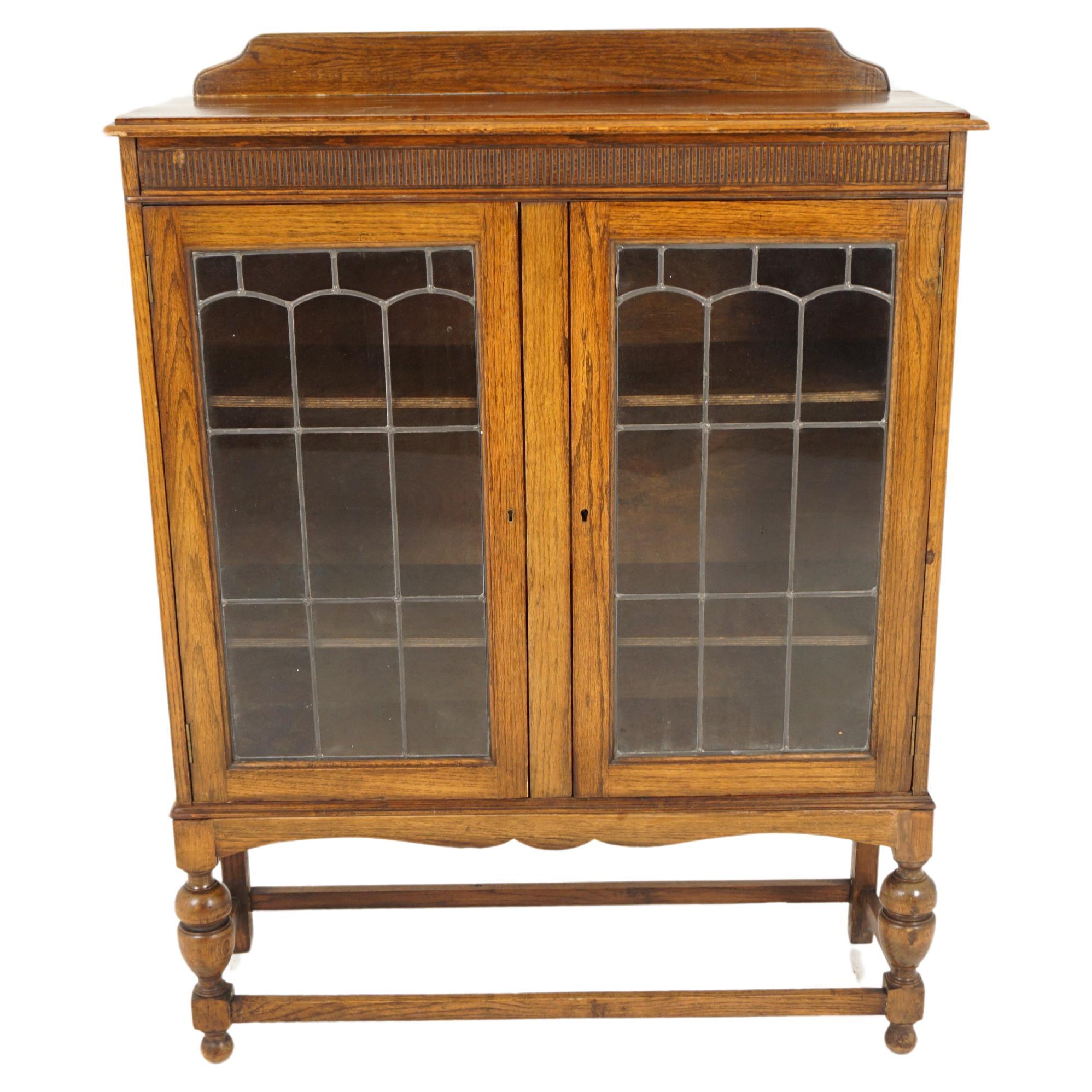 Vintage Oak Leaded Glass Bookcase, Display Cabinet, Scotland 1920, H1018