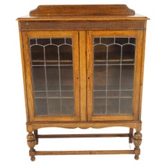 Vintage Oak Leaded Glass Bookcase, Display Cabinet, Scotland 1920, H1018