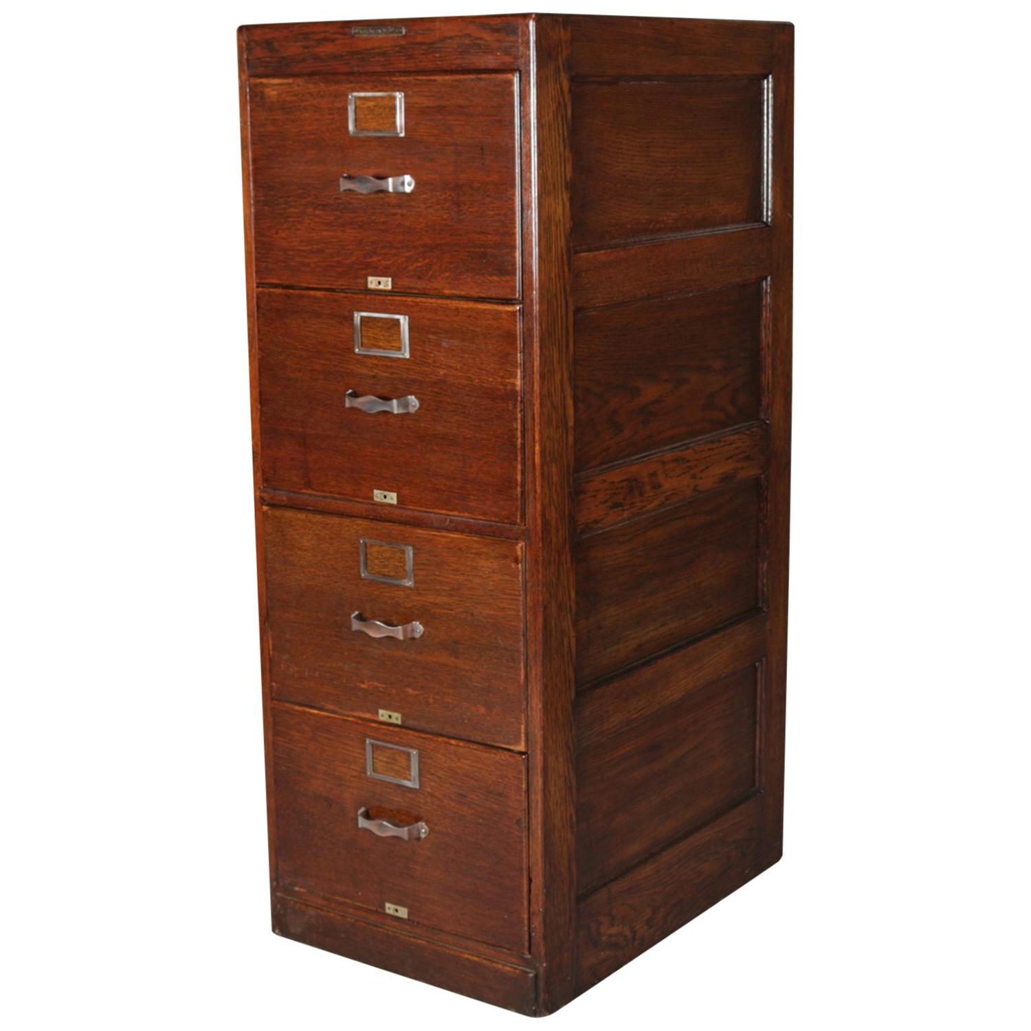 Vintage Oak Library Bureau Sole Makers 4-Drawer Filing Cabinet, circa 1910