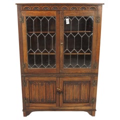 Vintage Oak Linen Fold Leaded Glass Bookcase, Display, Scotland 1930, H950