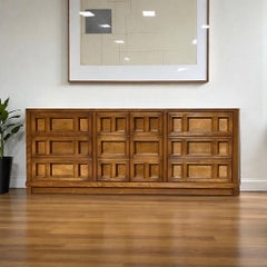 Vintage Oak Lowboy Dresser with Geometric Panel Front, Brutalist Mid-Century