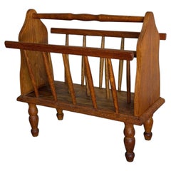 Vintage Oak Magazine Holder Standing Rack Newspaper Storage Floor Stand 1970s