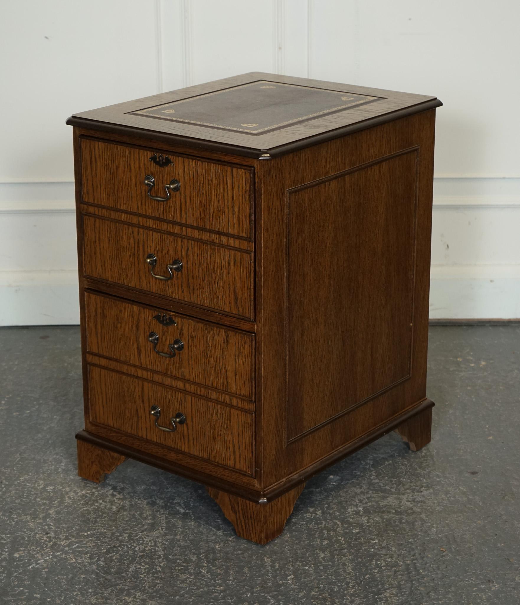 British VINTAGE OAK OFFICE FILLING CABINET TWO DRAWERS BROWN LEATHER TOP PART OF SUiTE For Sale