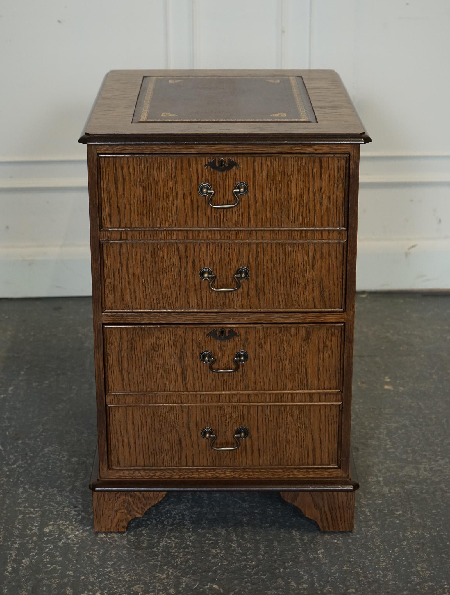 Hand-Crafted VINTAGE OAK OFFICE FILLING CABINET TWO DRAWERS BROWN LEATHER TOP PART OF SUiTE For Sale