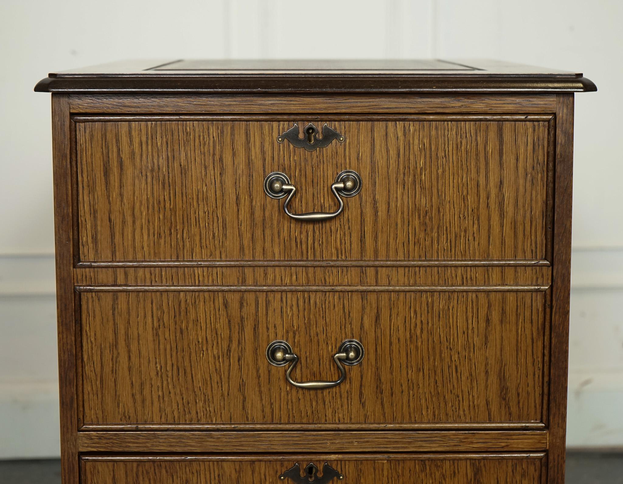 Oak VINTAGE OAK OFFICE FILLING CABINET TWO DRAWERS BROWN LEATHER TOP PART OF SUiTE For Sale