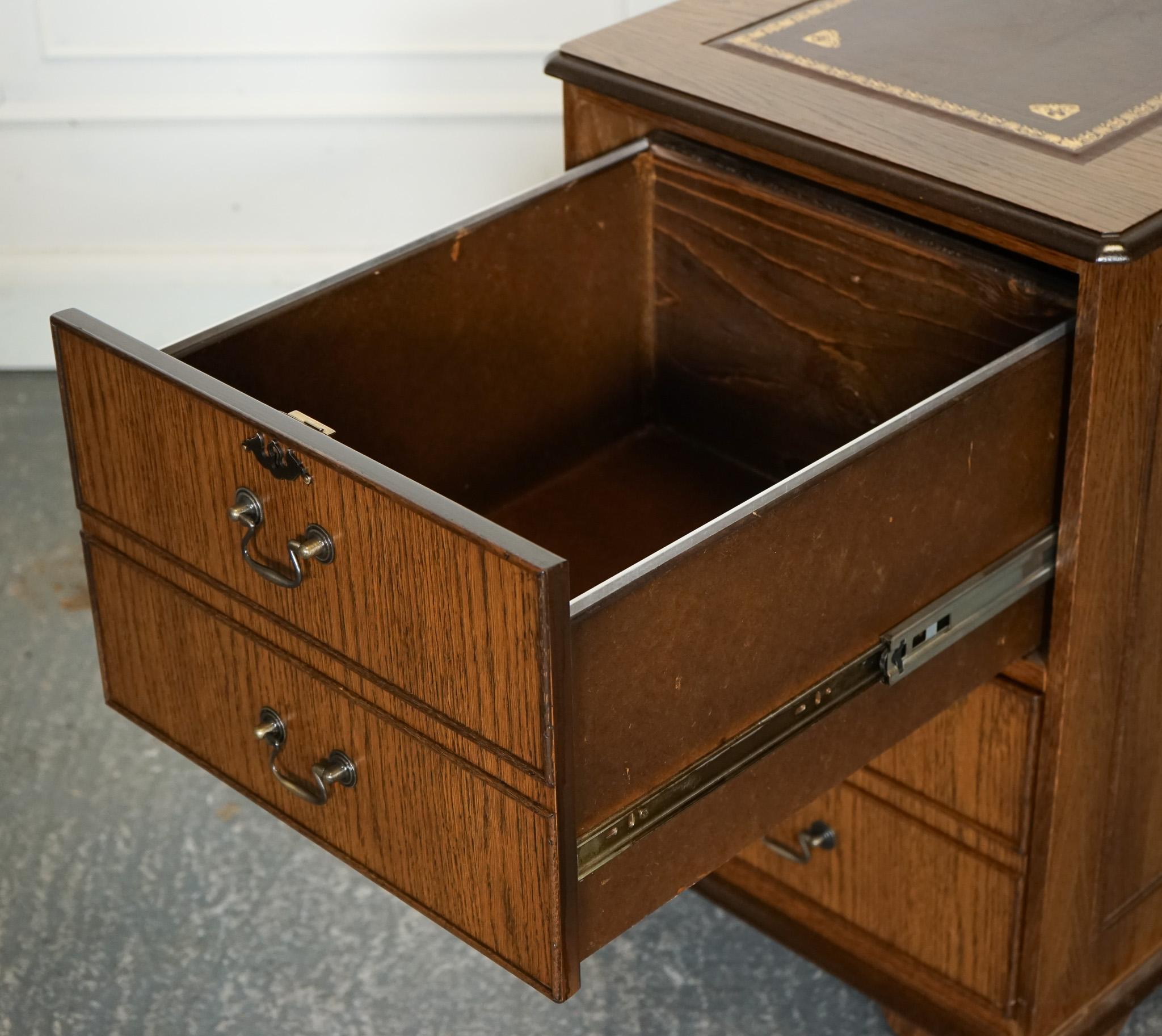 VINTAGE OAK OFFICE FILLING CABINET TWO DRAWERS BROWN LEATHER TOP PART OF SUiTE For Sale 1