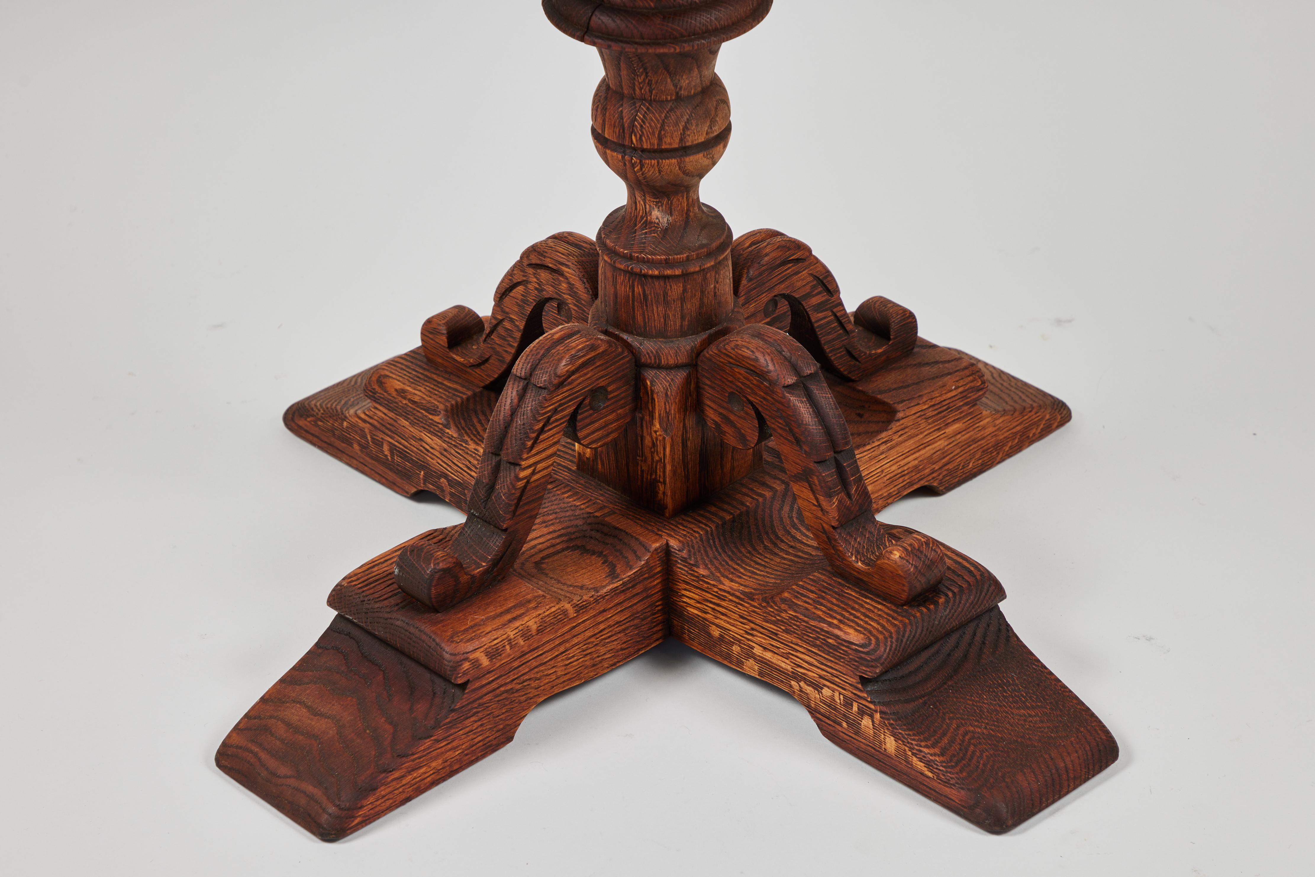 Vintage Oak Pedestal Table with Hand Carved Base For Sale 3