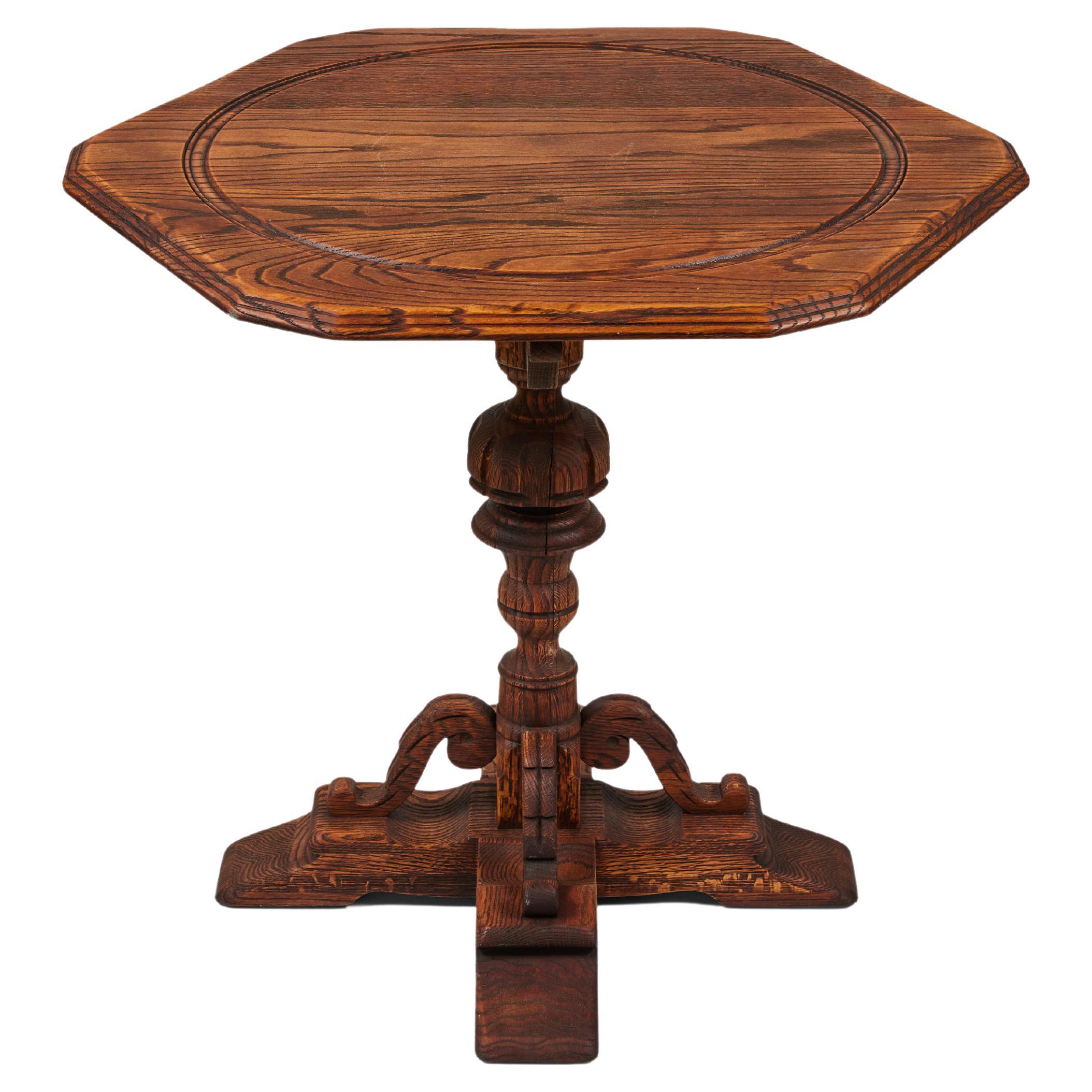 Vintage Oak Pedestal Table with Hand Carved Base For Sale