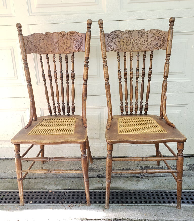 Vintage Oak Pressback Chairs with Cane Seats, a Pair For Sale at
