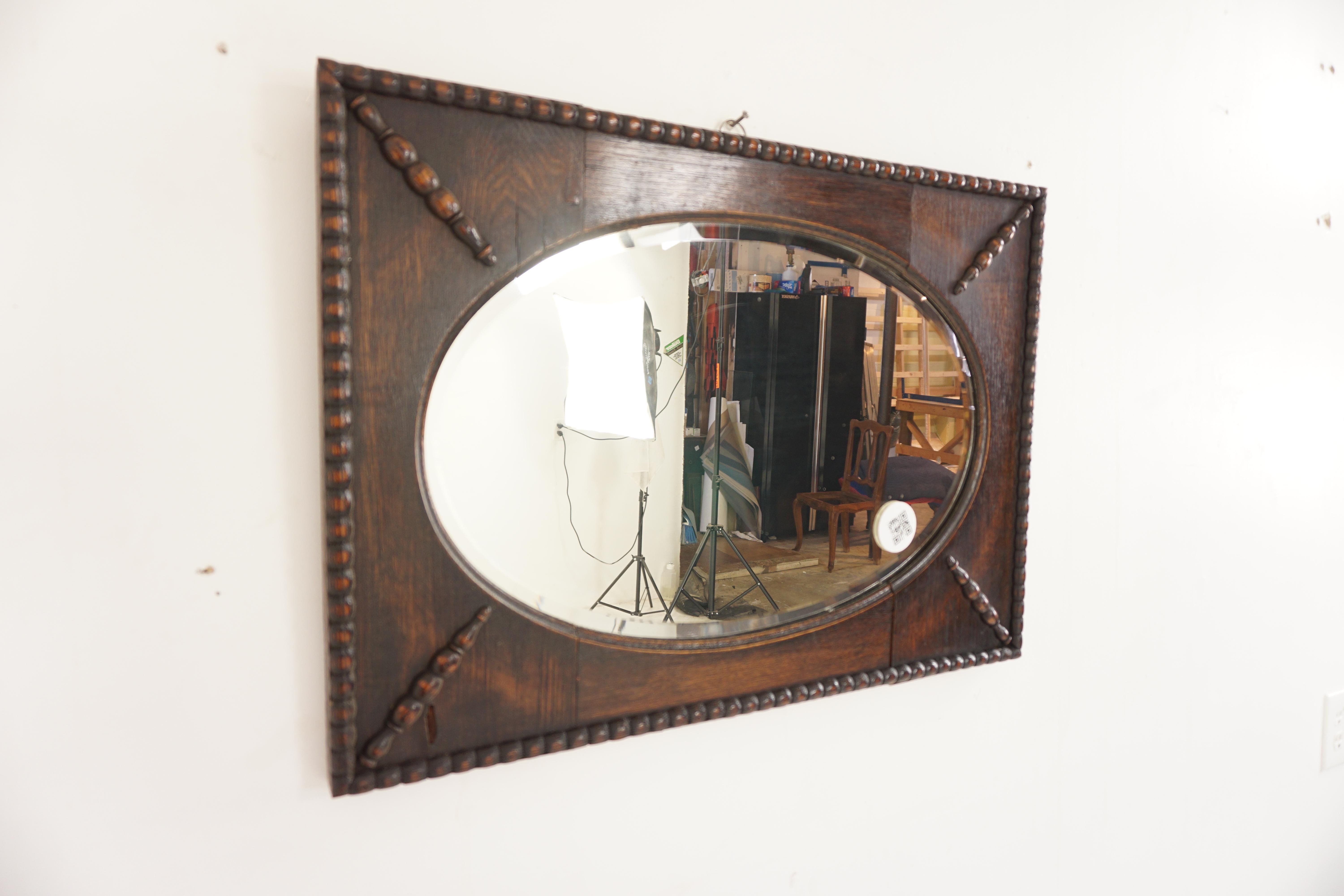 Vintage Oak Rectangular Framed Oval Bevelled Wall Mirror, Scotland 1920, H267

Scotland 1920
Solid Oak
Original Finish
Rectangular oak frame with beading around the perimeter
Oval bevelled mirror with beading on each corner
Comes with original