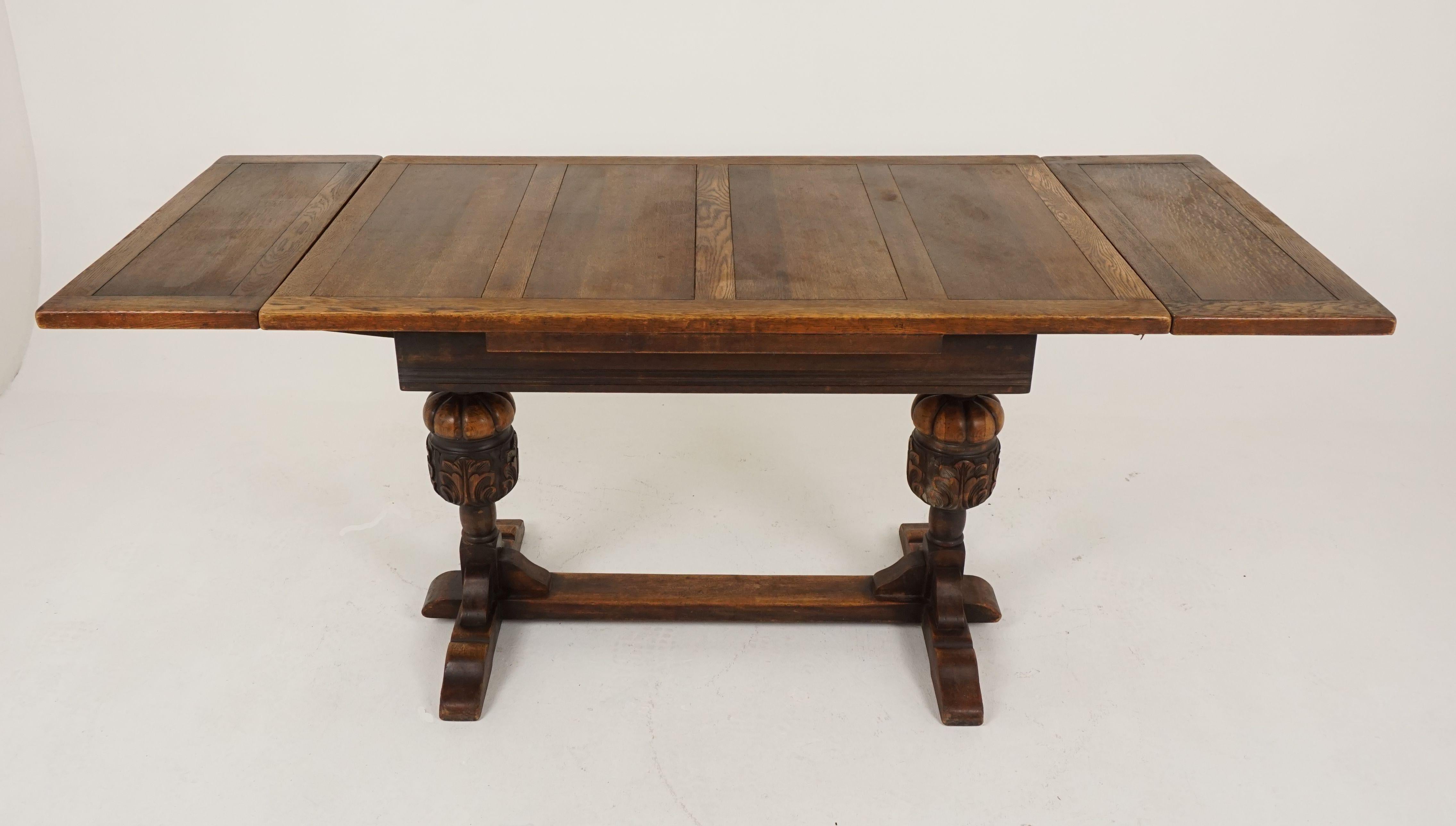 Scottish Vintage Oak Refectory Table, Draw Leaf, Writing Table, Scotland 1930, B2124