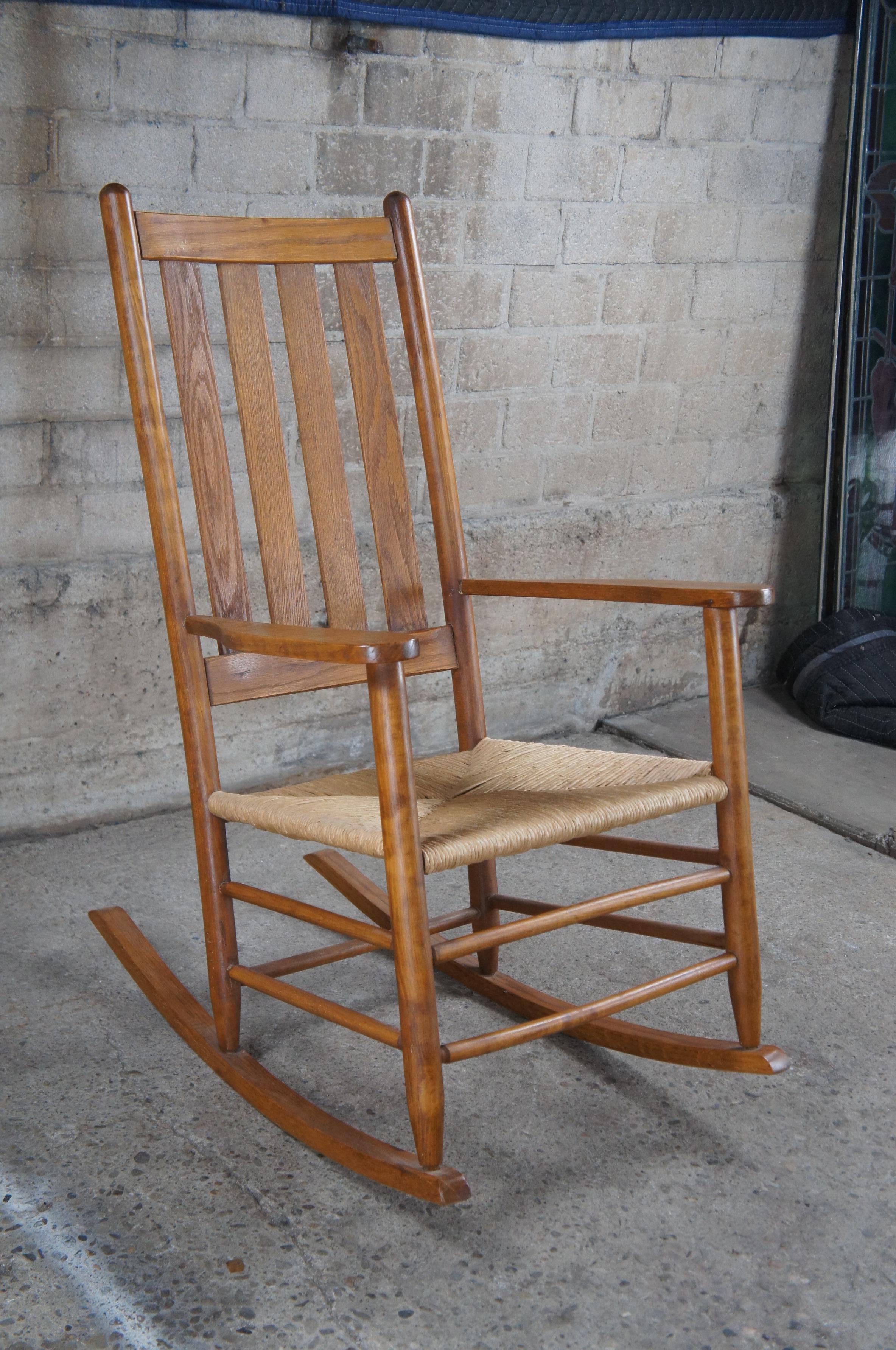 20th Century Vintage Oak & Rush Farmhouse Country Slat Back Rocking Chair Plantation Rocker For Sale