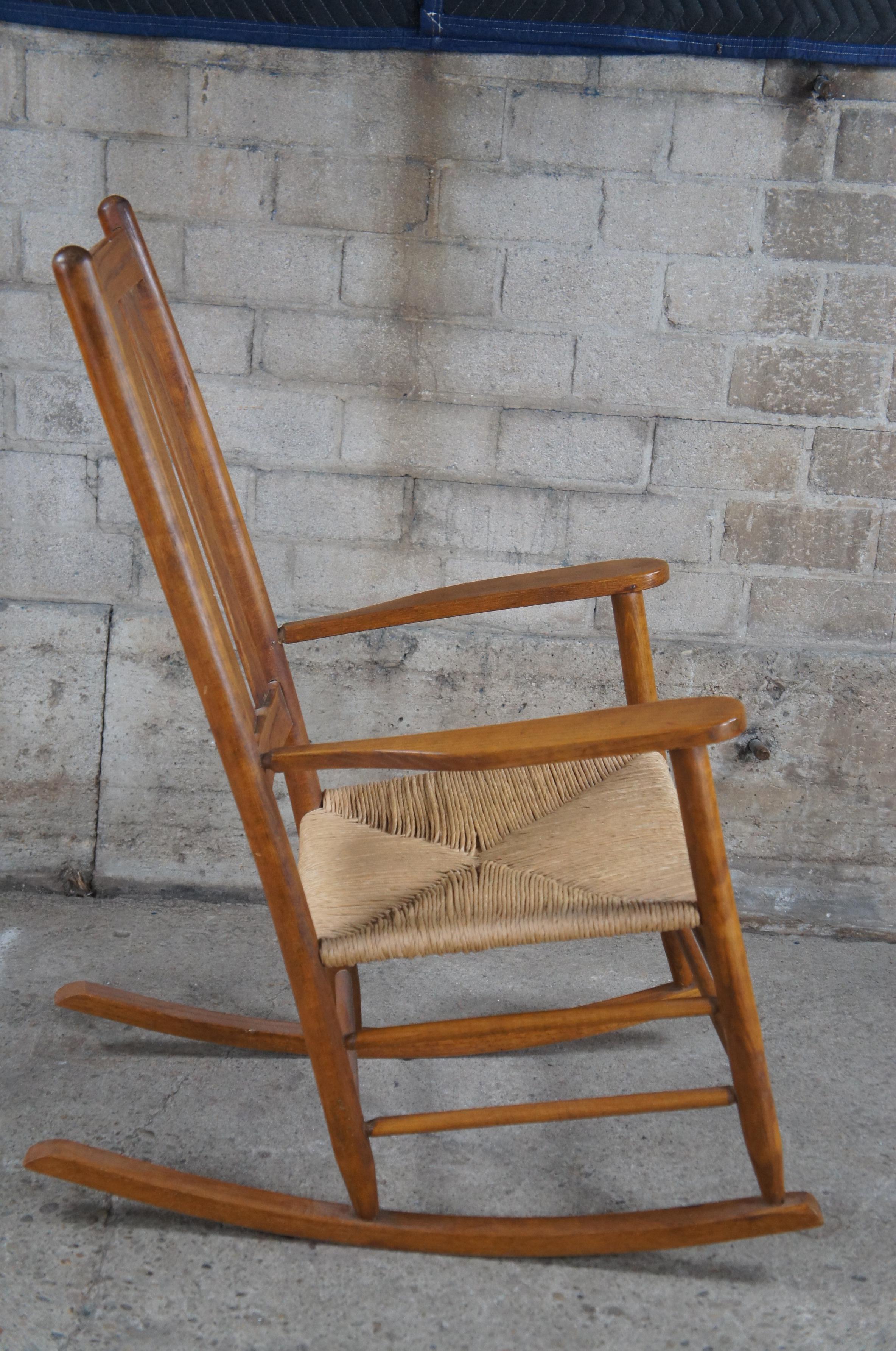 Vintage Oak & Rush Farmhouse Country Slat Back Rocking Chair Plantation Rocker For Sale 1