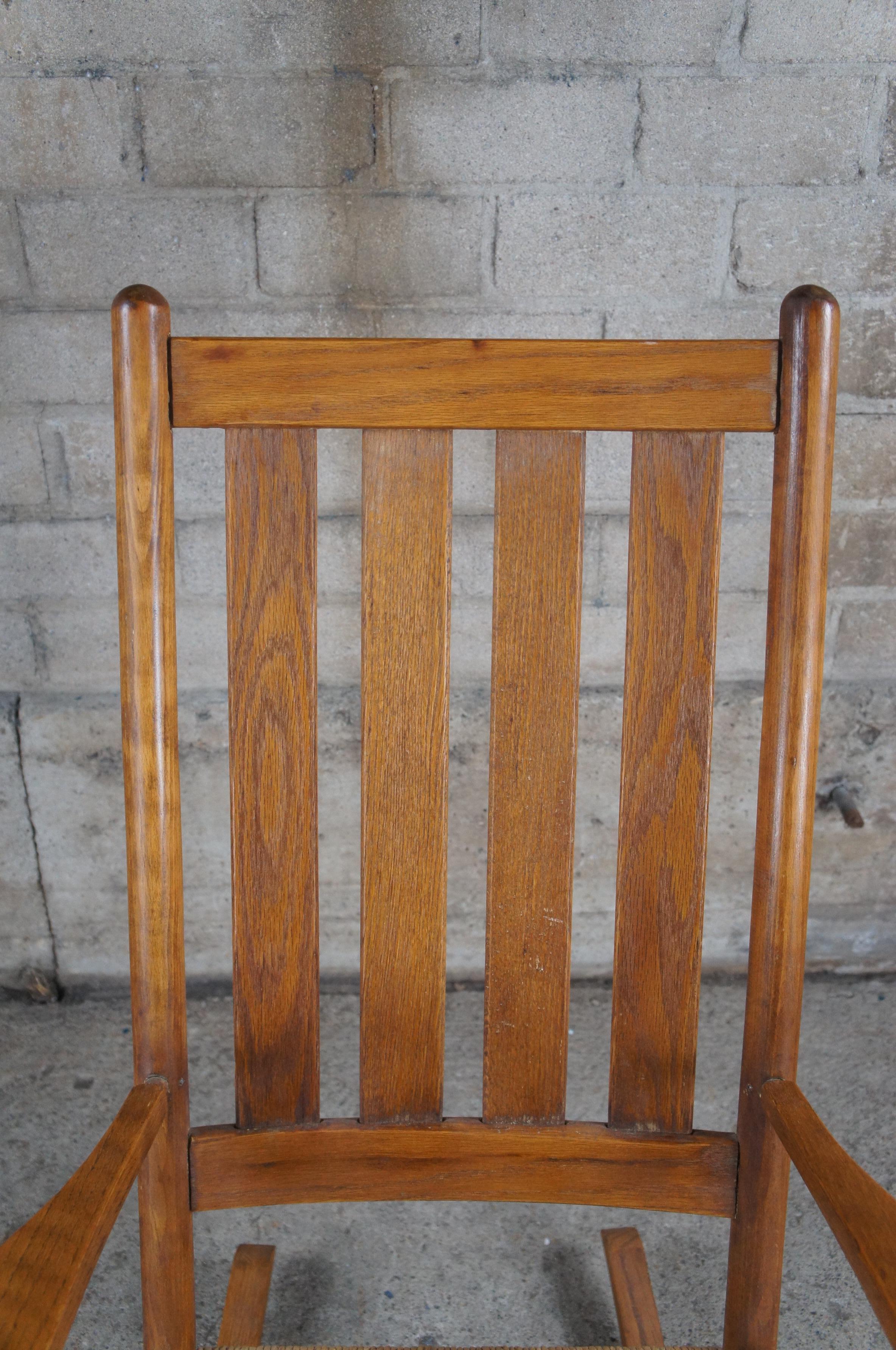 Vintage Oak & Rush Farmhouse Country Slat Back Rocking Chair Plantation Rocker For Sale 3