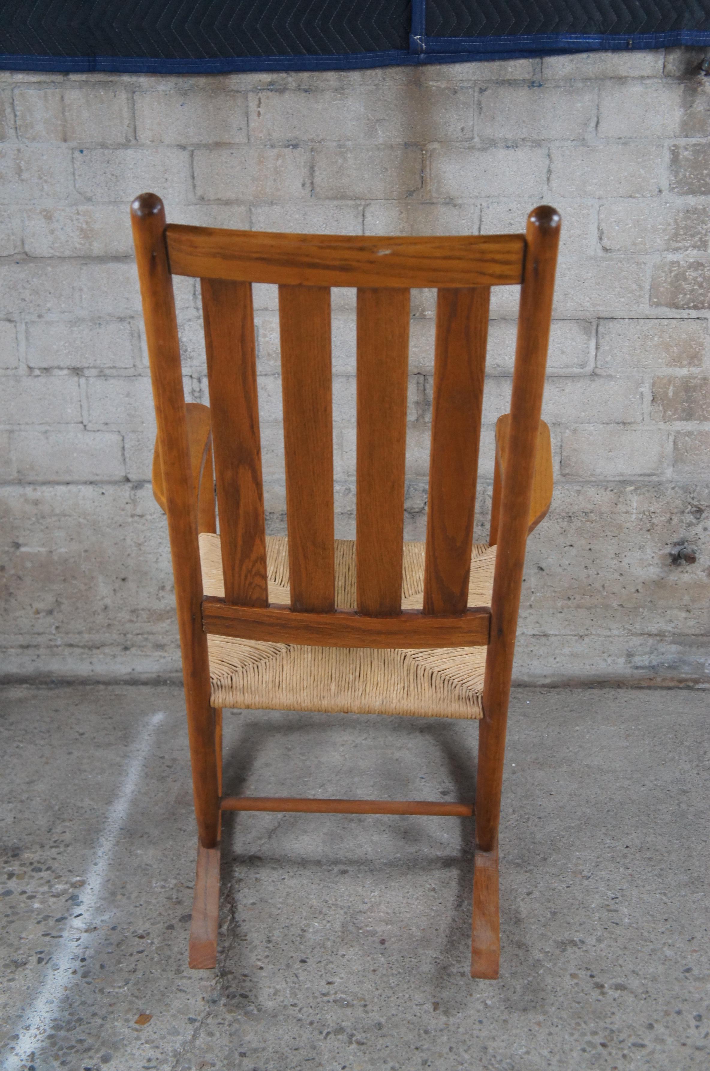 Vintage Oak & Rush Farmhouse Country Slat Back Rocking Chair Plantation Rocker For Sale 4