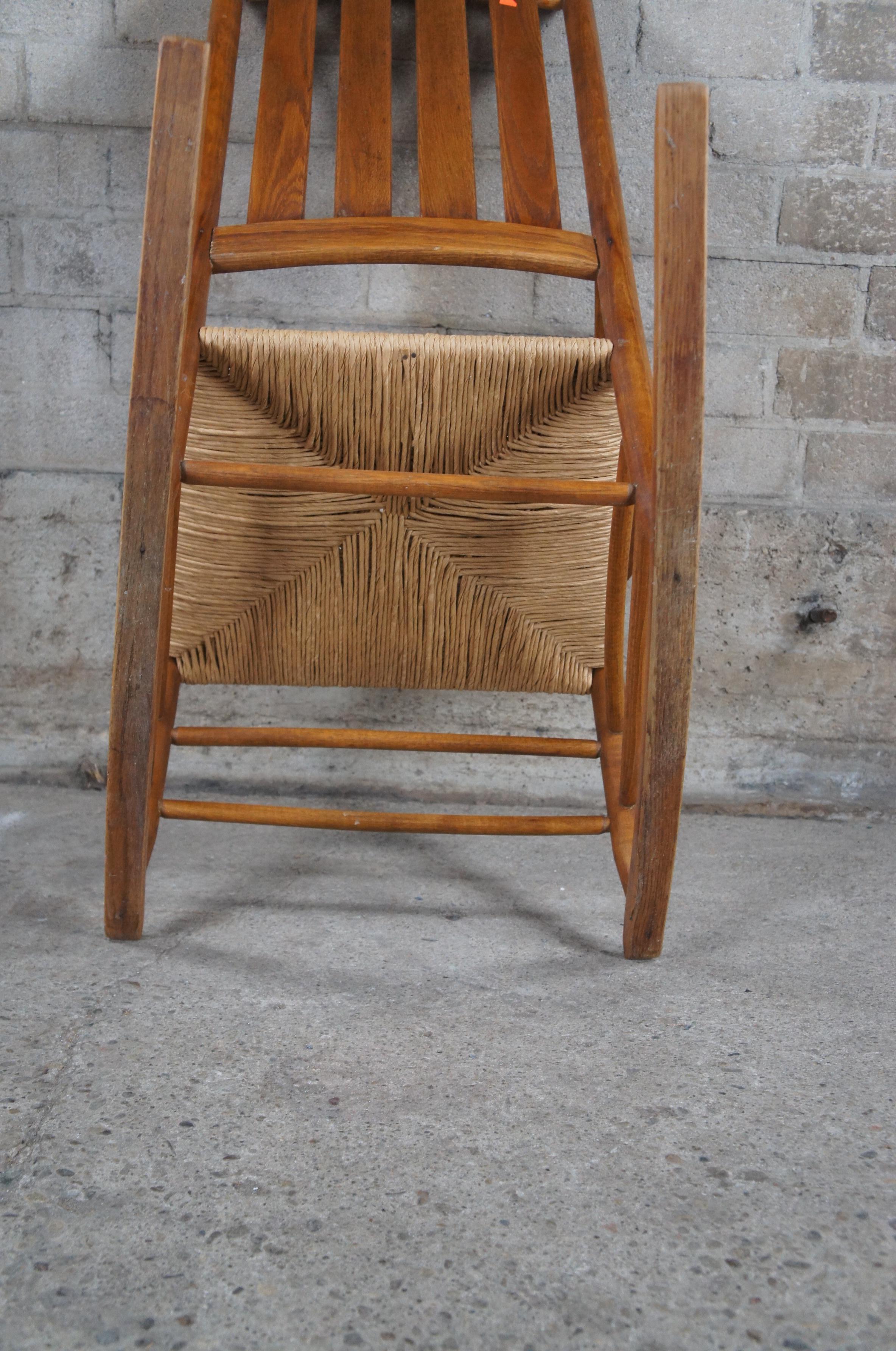 Vintage Oak & Rush Farmhouse Country Slat Back Rocking Chair Plantation Rocker For Sale 5