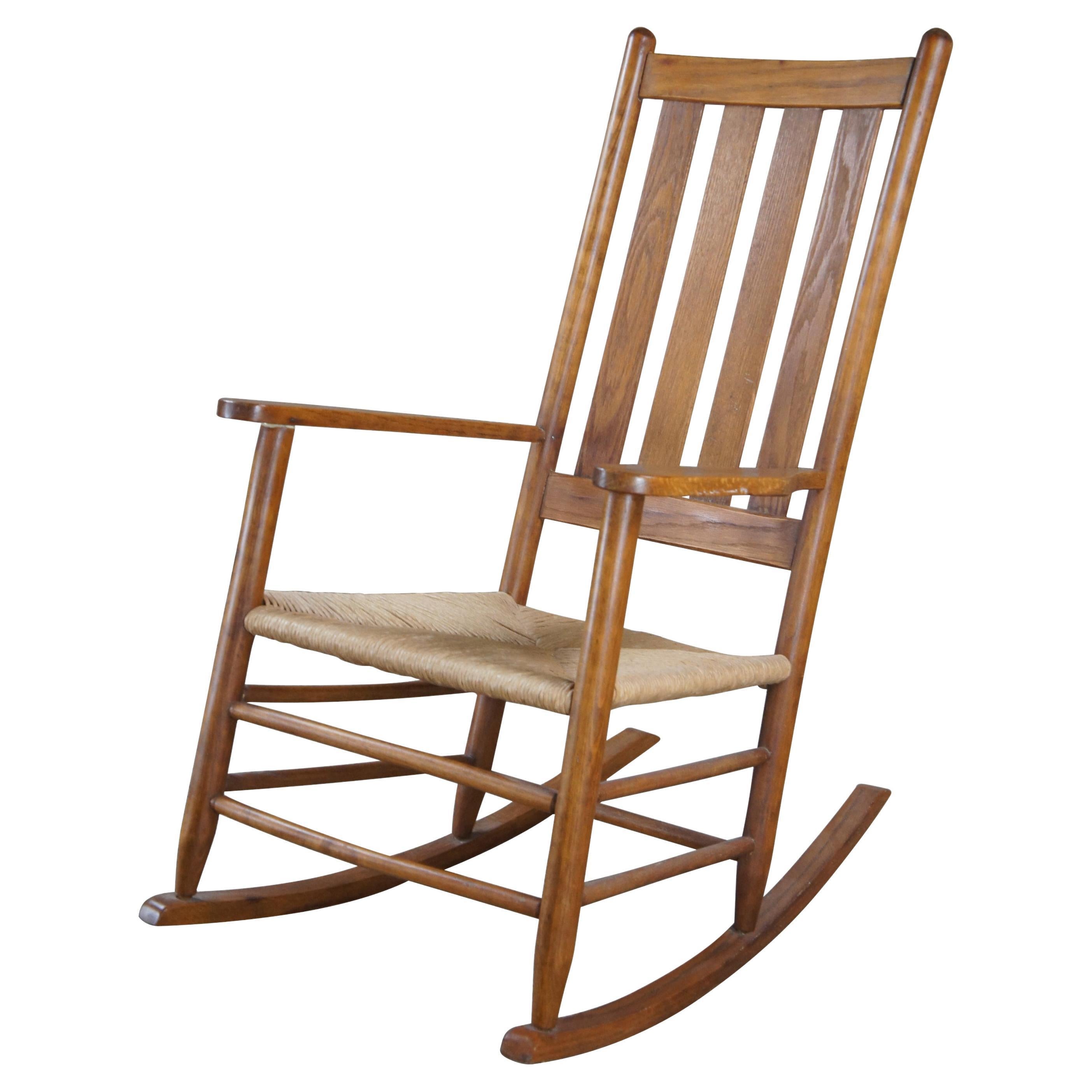 Vintage Oak & Rush Farmhouse Country Slat Back Rocking Chair Plantation Rocker For Sale