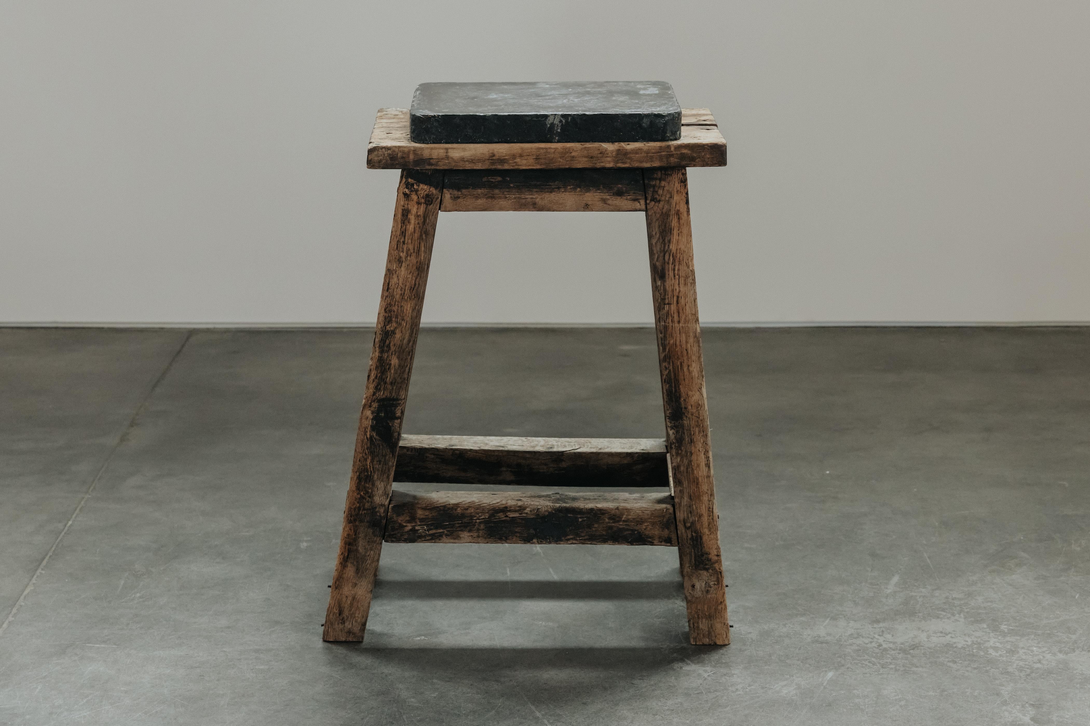 Vintage Oak Sculpture From France, Circa 1940.  Solid oak construction with an inlaid soapstone block on top.  Great patina and wear.