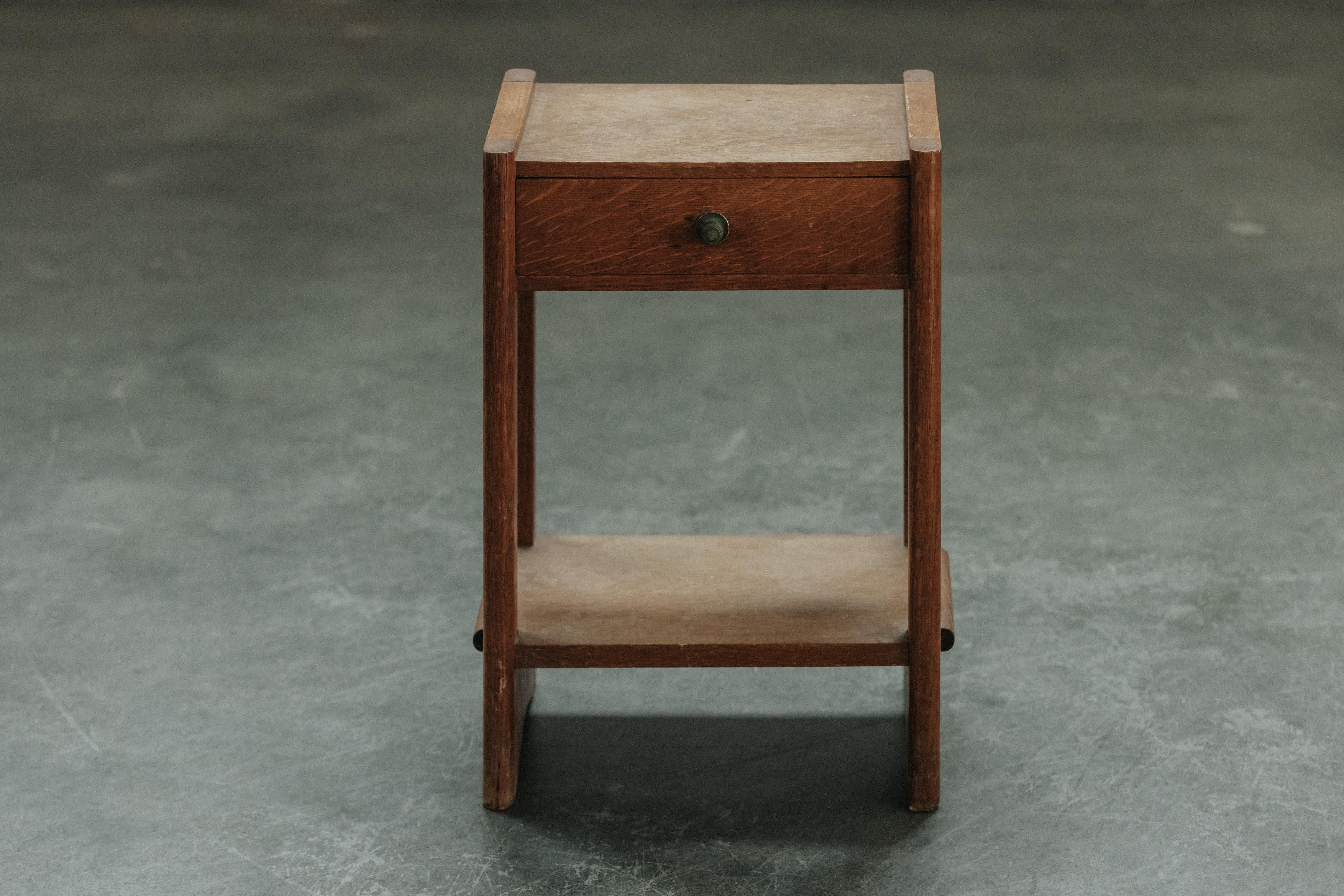 Vintage Oak Side Table From France, Circa 1960.  Solid oak construction with original hardware.  Light patina and use.