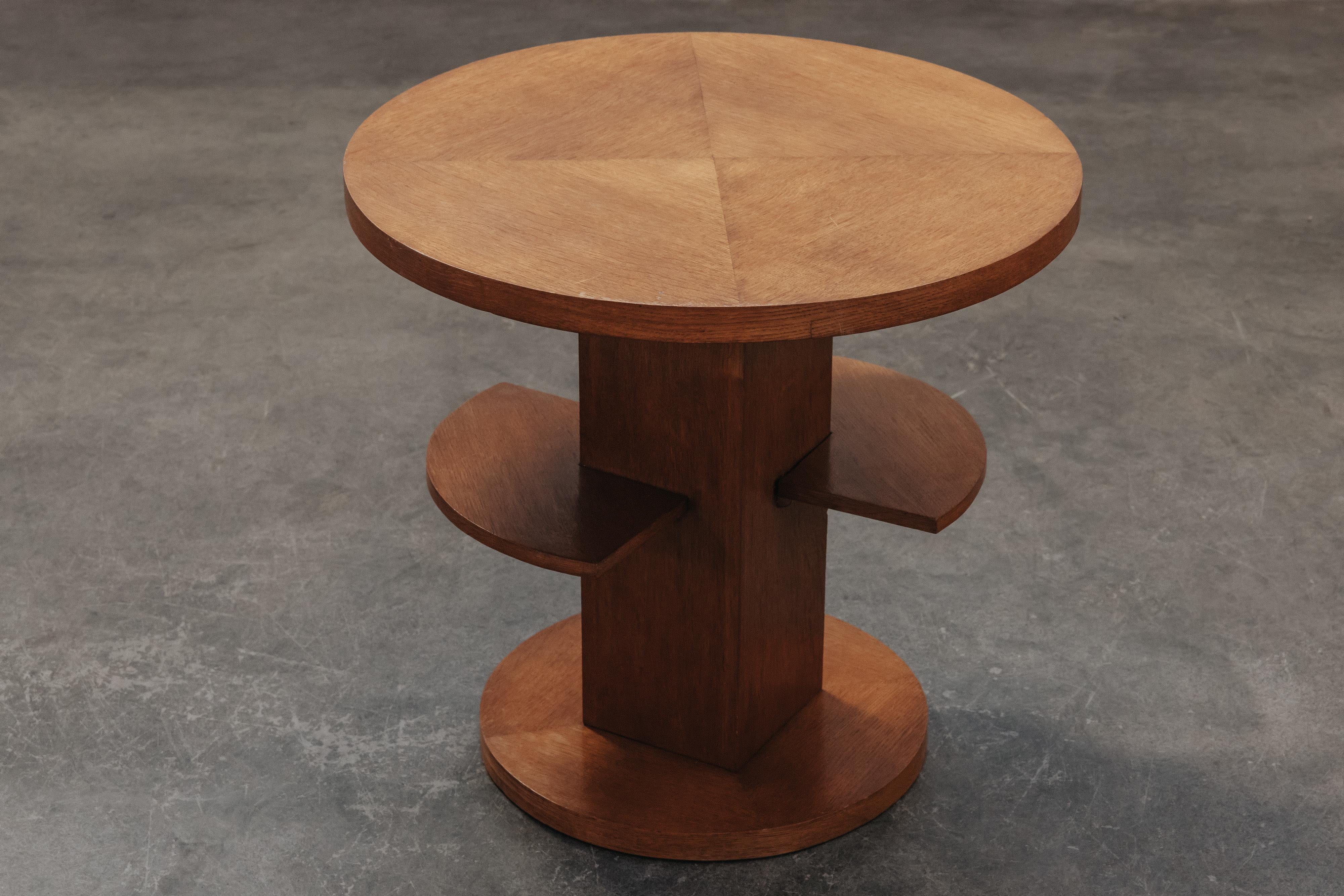 Vintage Oak Side Table From France, Circa 1970.  Unusual model with flared shelves.  Light wear and use.