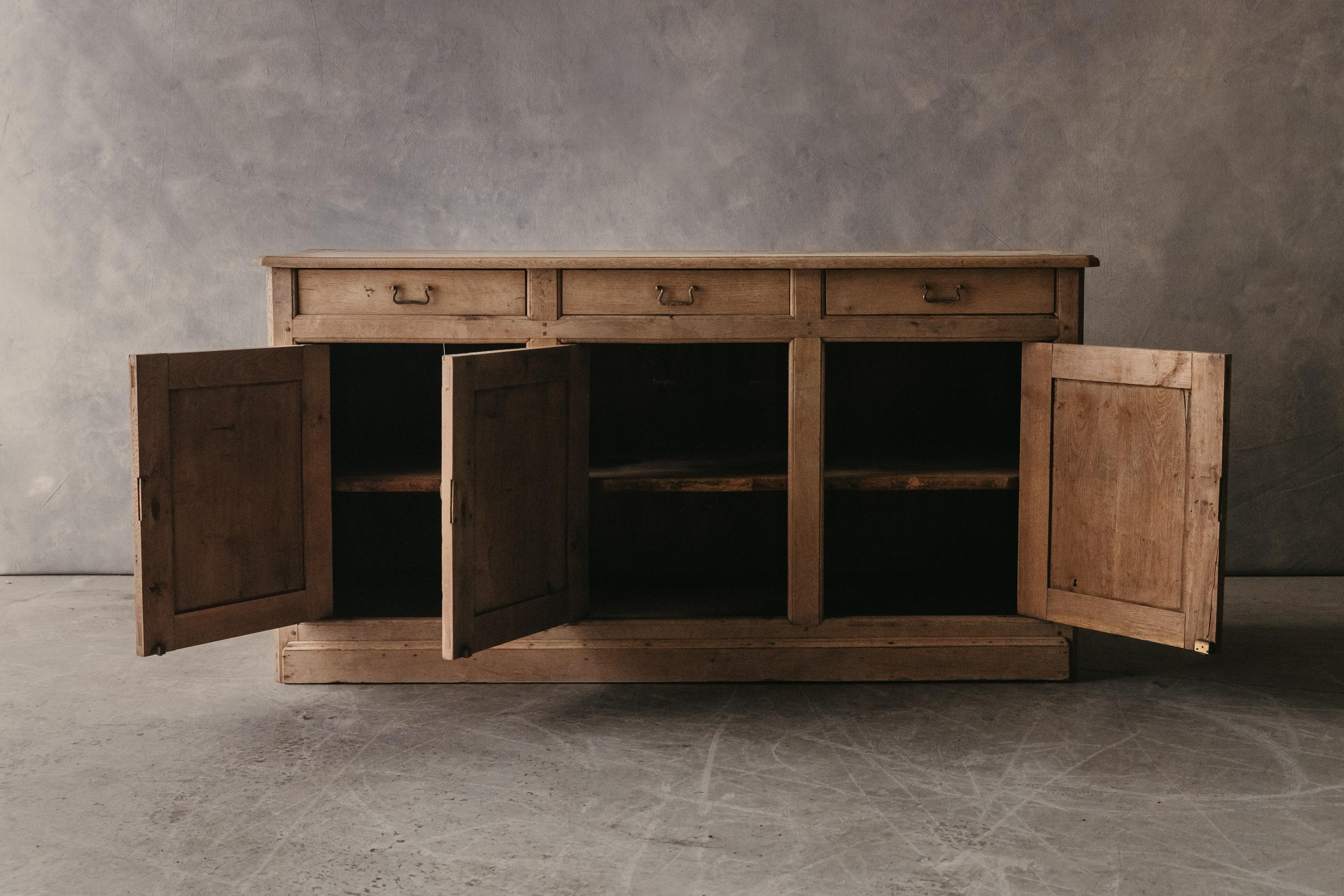 Vintage Oak Shop Counter From France, Circa 1940.  Solid oak construction with original brass hardware.  